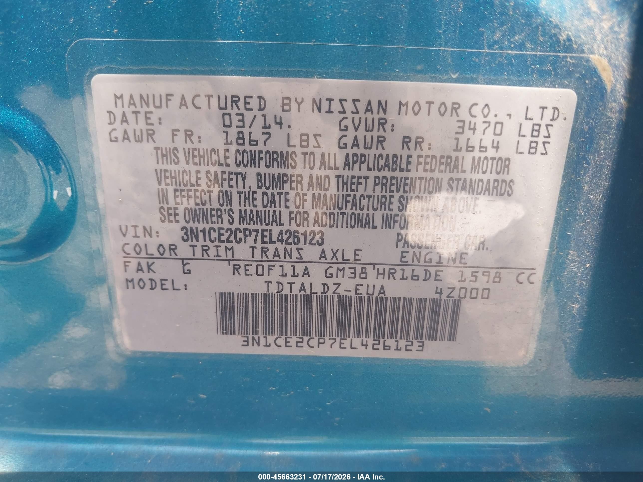 2014 Nissan Versa Note Sv Light Blue vin: 3N1CE2CP7EL426123