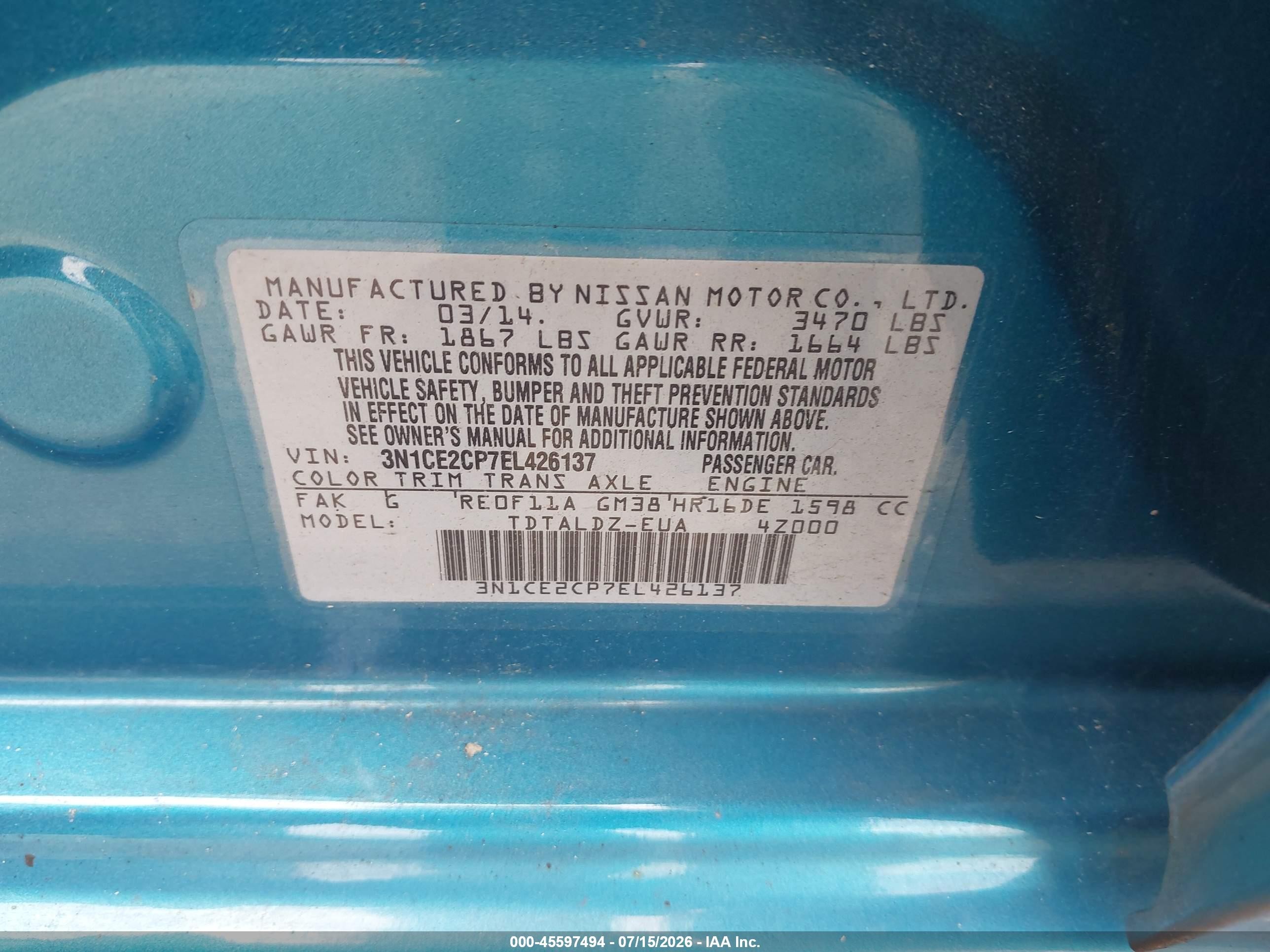 2014 Nissan Versa Note Sv Blue vin: 3N1CE2CP7EL426137