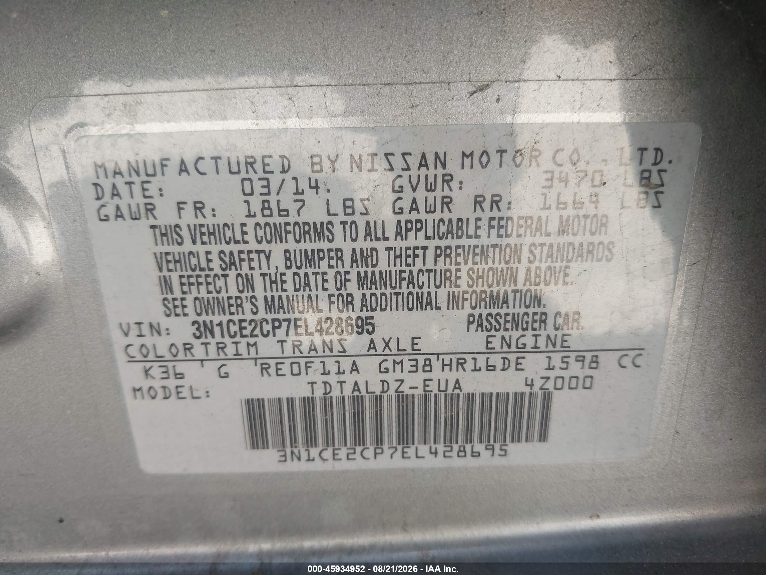 2014 Nissan Versa Note S/s Plus/sv/sl Silver vin: 3N1CE2CP7EL428695
