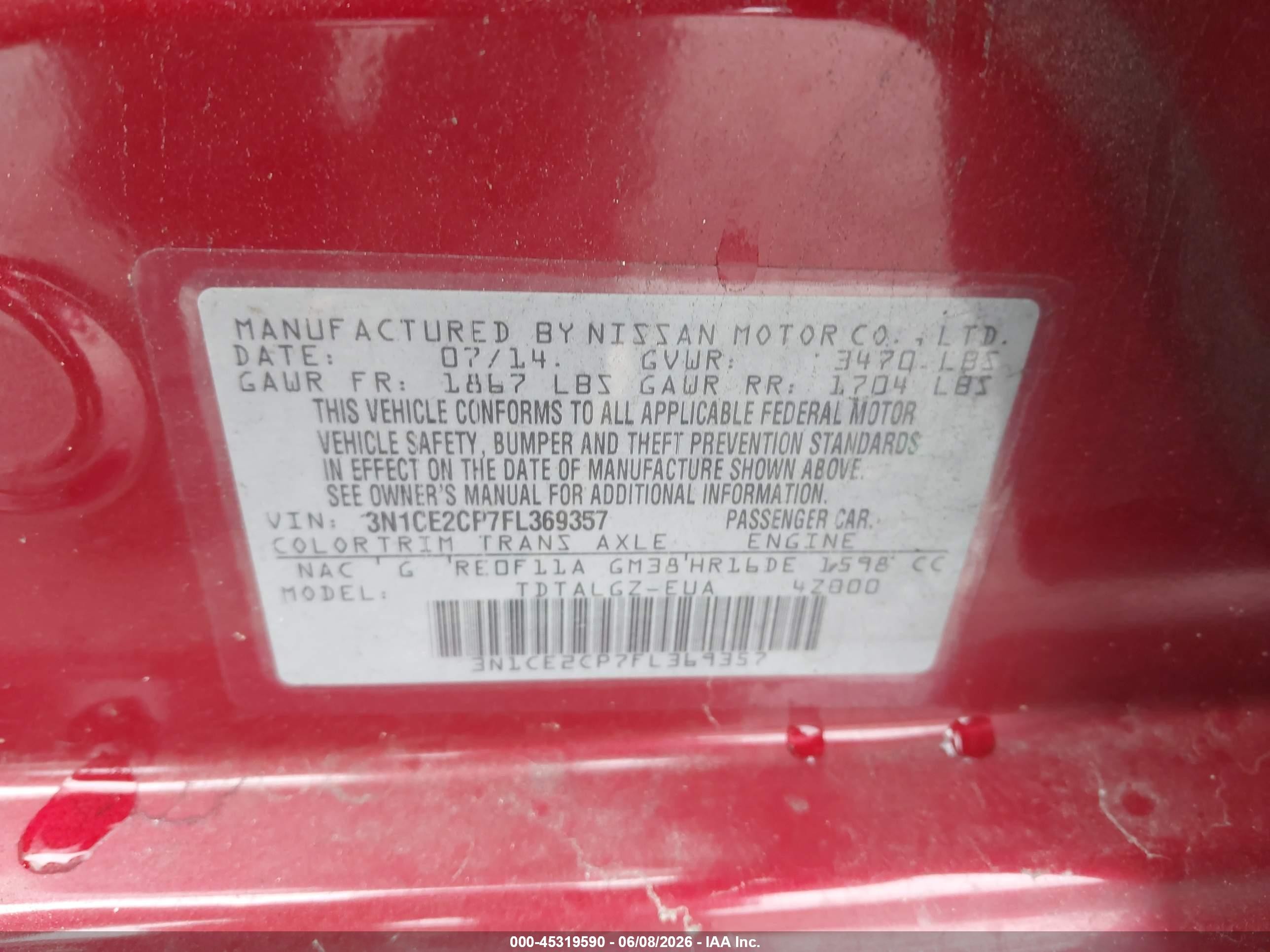 2015 Nissan Versa Note Sr Red vin: 3N1CE2CP7FL369357