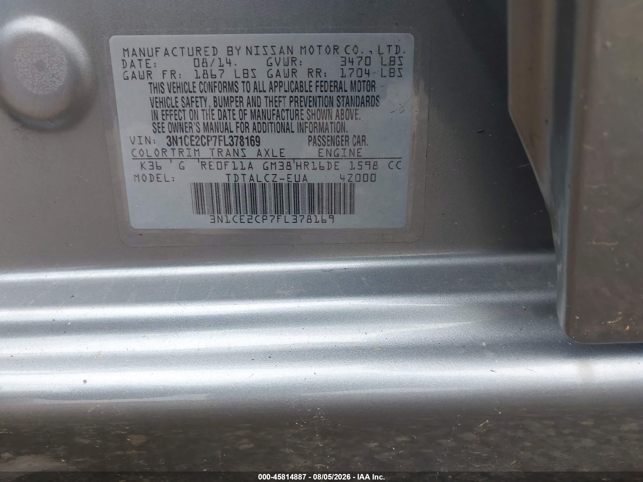2015 Nissan Versa Note S Plus Silver vin: 3N1CE2CP7FL378169