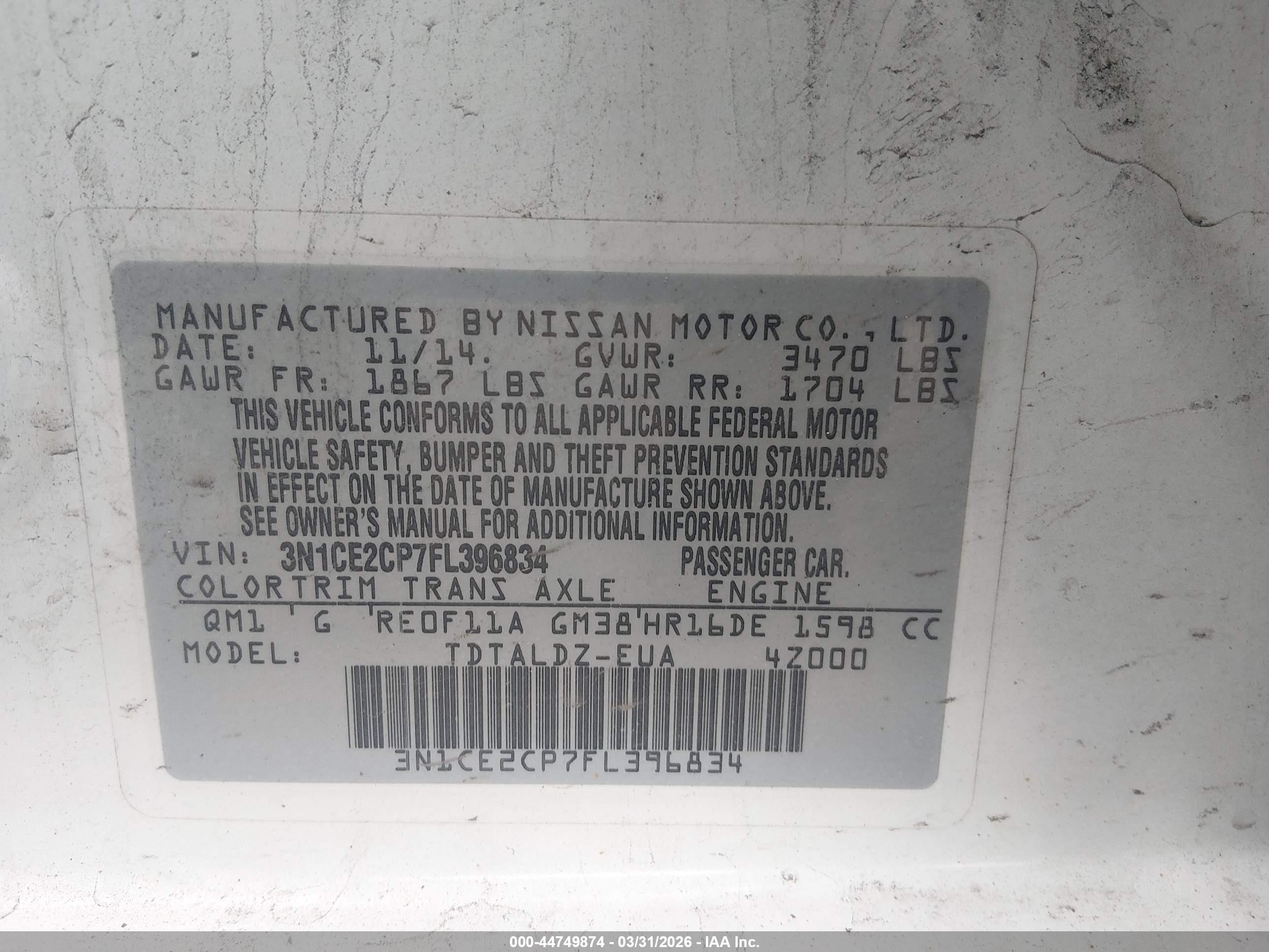 2015 Nissan Versa Note S (sr)/s Plus/sl/sr/sv White vin: 3N1CE2CP7FL396834