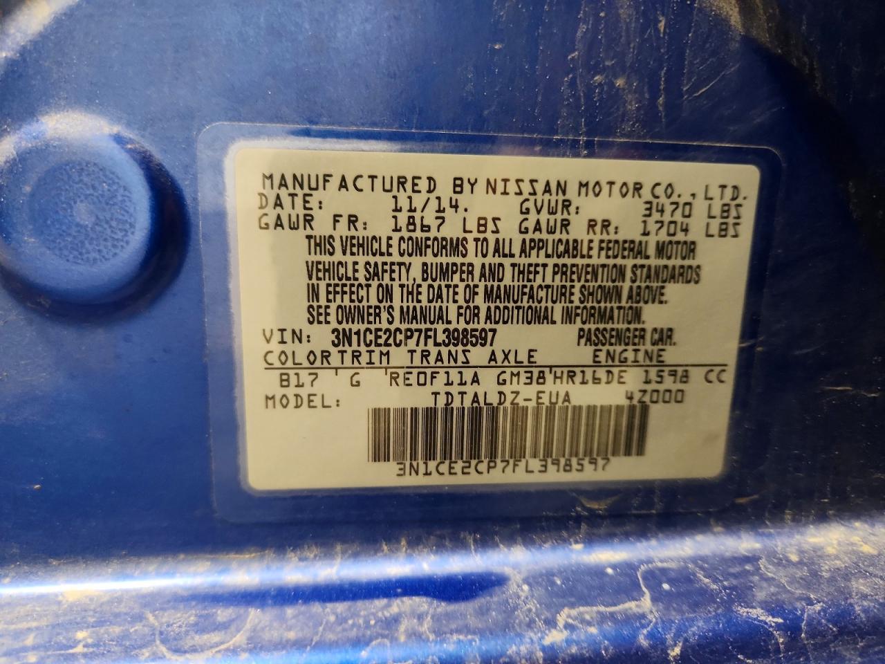 2015 Nissan Versa Note Sv Blue vin: 3N1CE2CP7FL398597