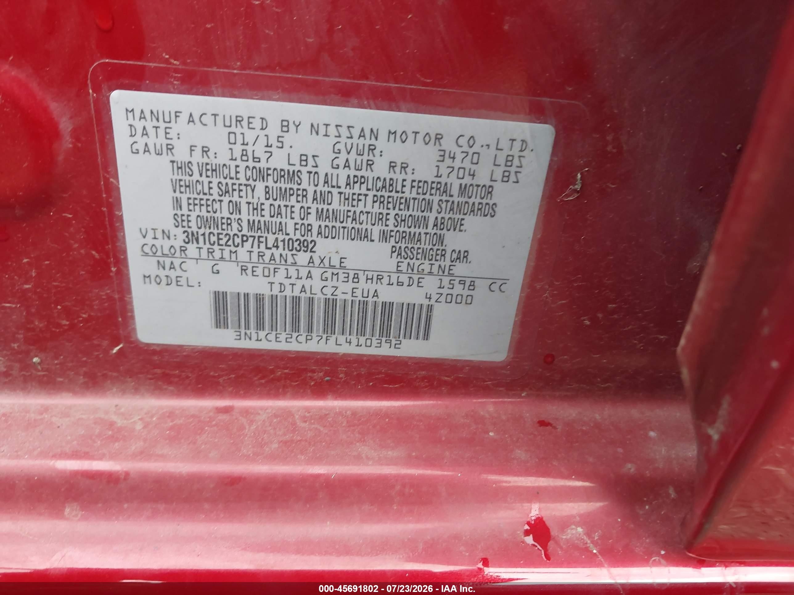 2015 Nissan Versa Note S Plus Red vin: 3N1CE2CP7FL410392