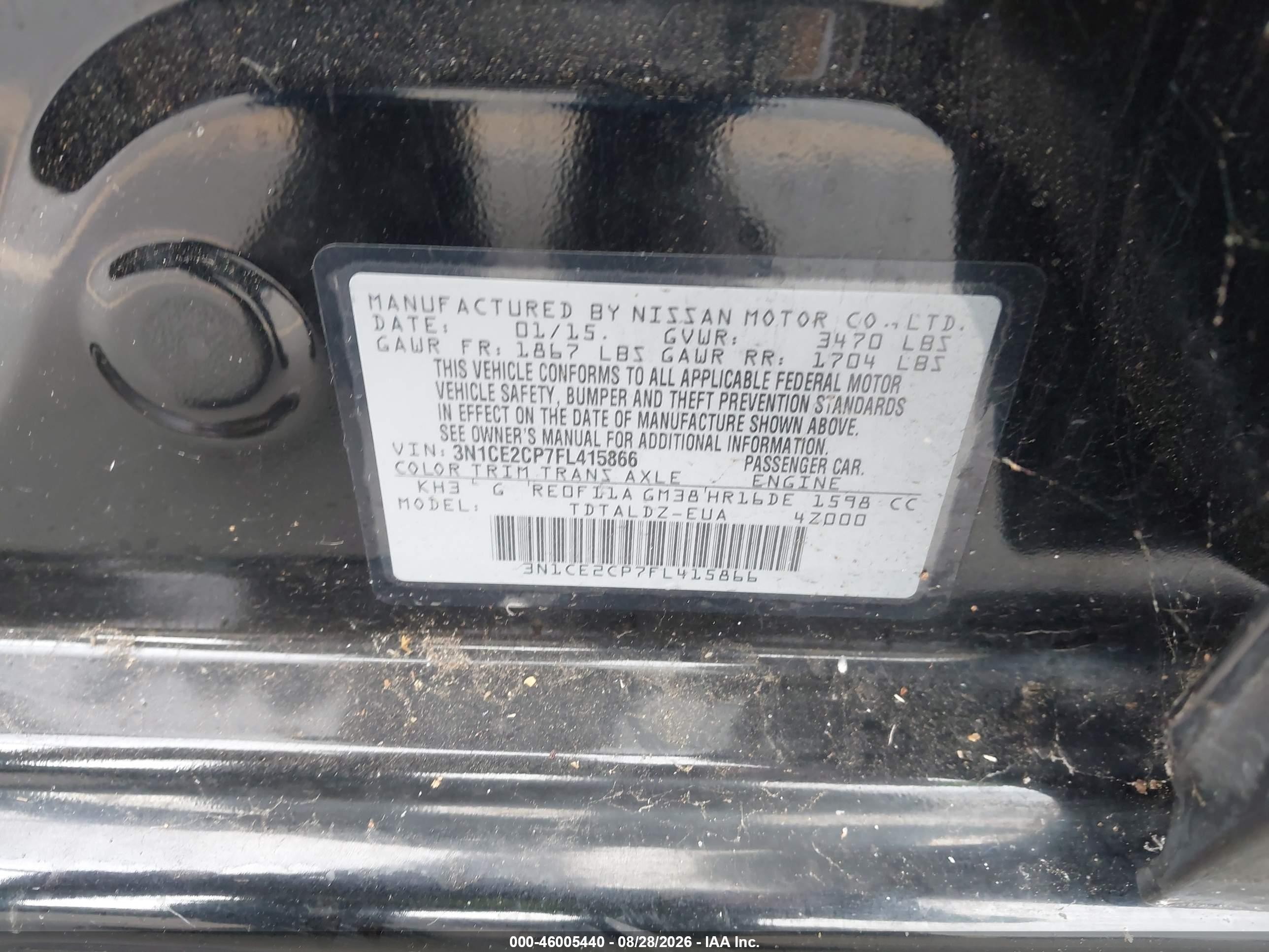 2015 Nissan Versa Note S (sr)/s Plus/sl/sr/sv Black vin: 3N1CE2CP7FL415866