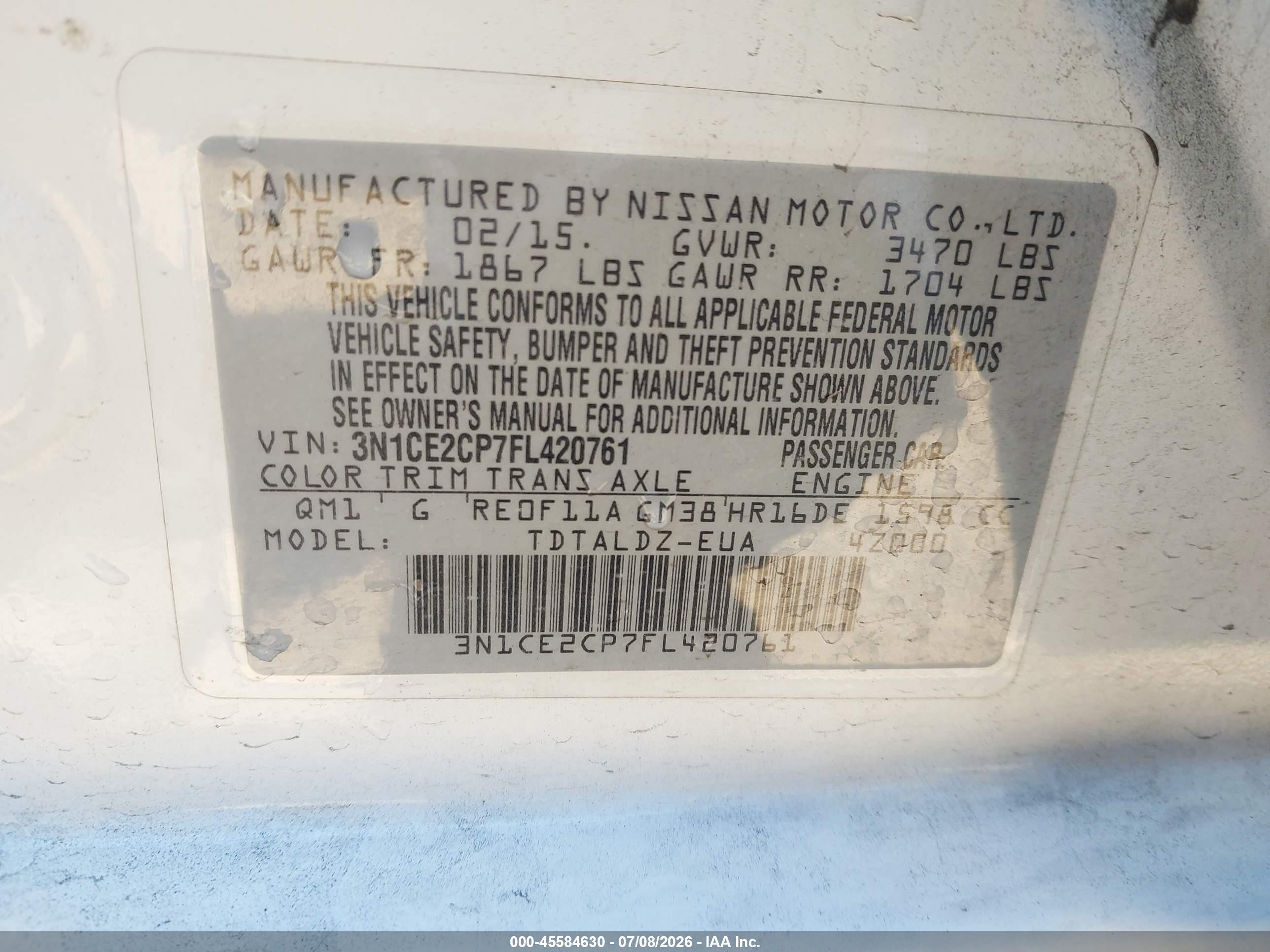 2015 Nissan Versa Note S (sr)/s Plus/sl/sr/sv White vin: 3N1CE2CP7FL420761