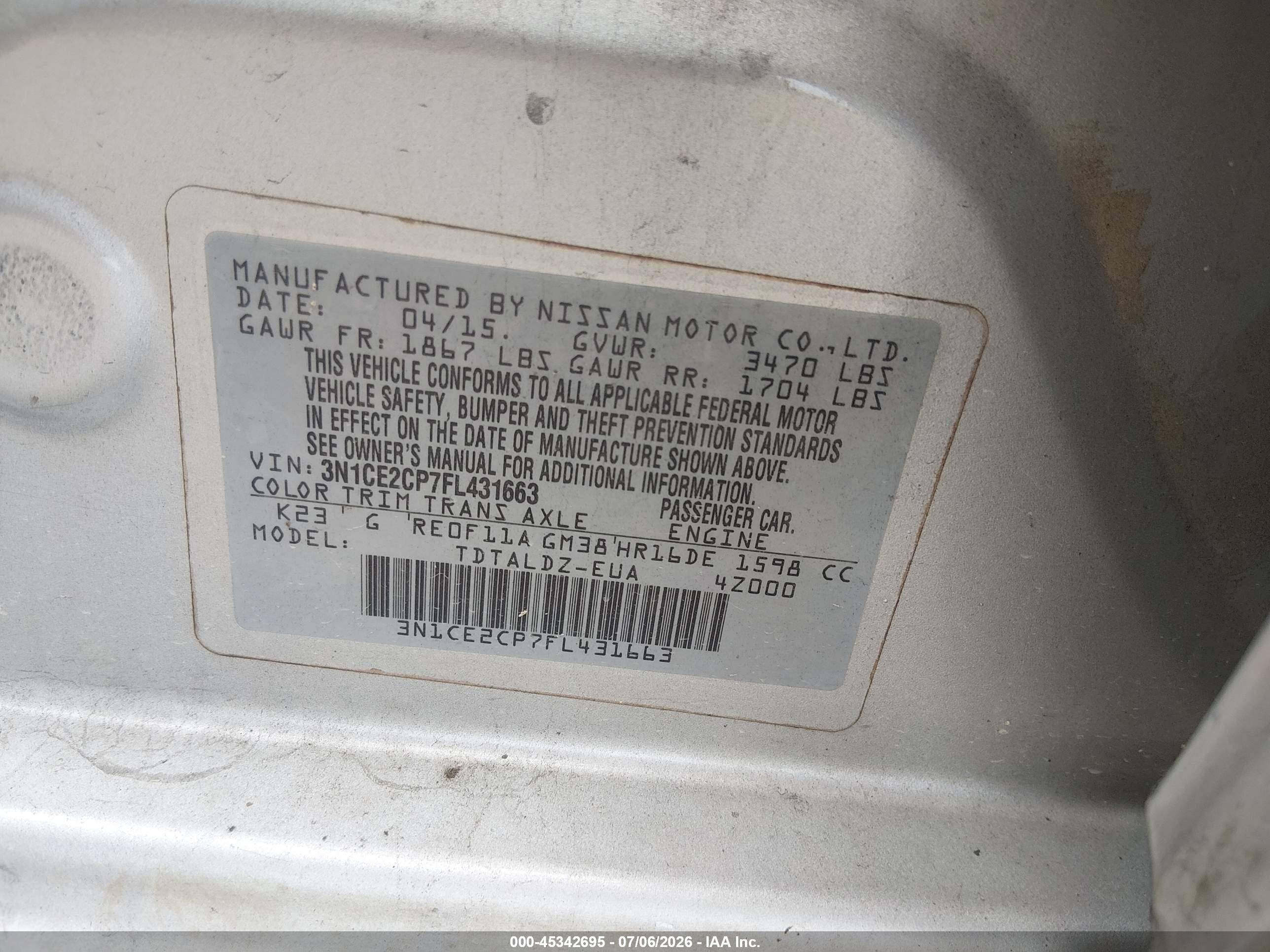 2015 Nissan Versa Note Sv Серебряный vin: 3N1CE2CP7FL431663