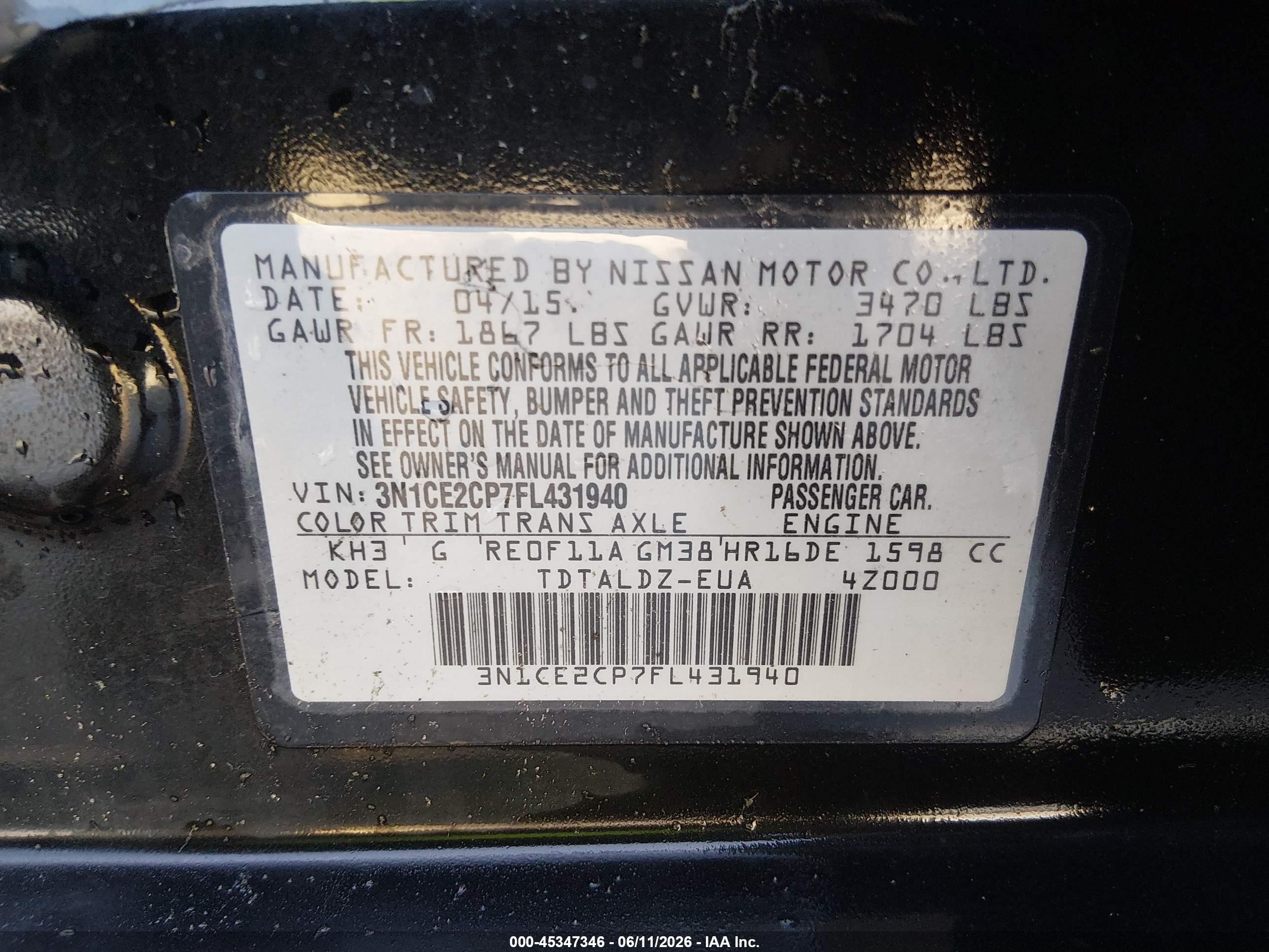 2015 Nissan Versa Note Sv Black vin: 3N1CE2CP7FL431940