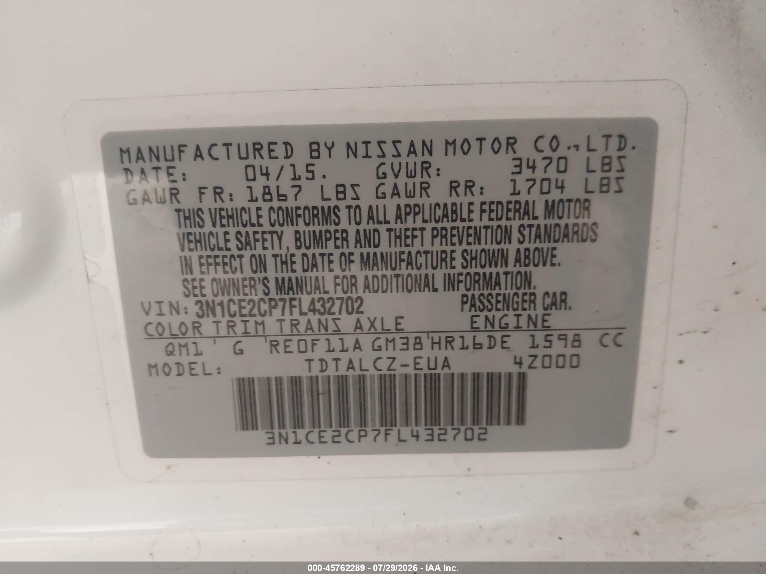 2015 Nissan Versa Note S (sr)/s Plus/sl/sr/sv Белый vin: 3N1CE2CP7FL432702