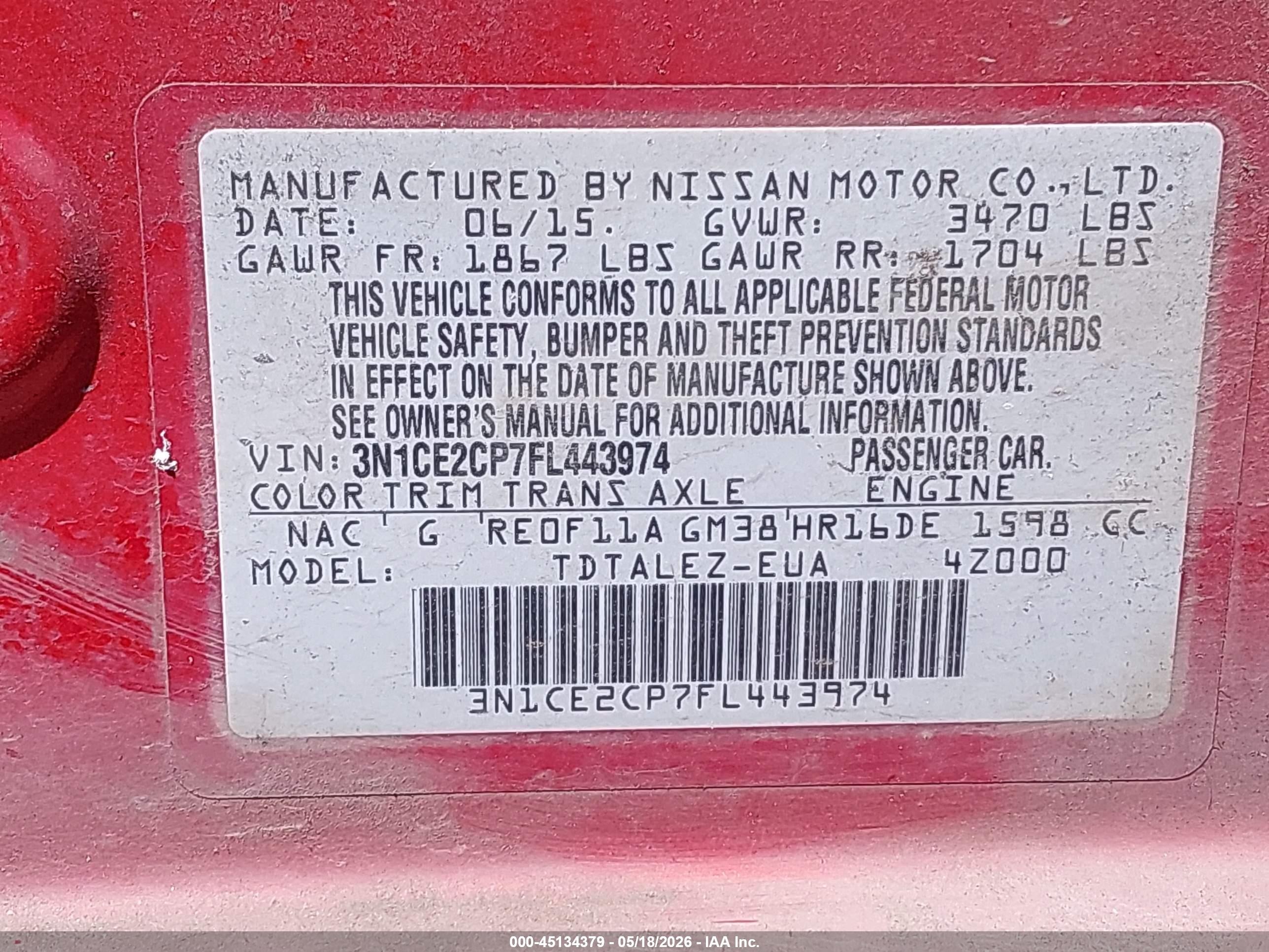 2015 Nissan Versa Note S (sr)/s Plus/sl/sr/sv Red vin: 3N1CE2CP7FL443974