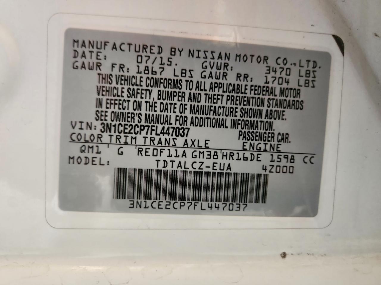 2015 Nissan Versa White vin: 3N1CE2CP7FL447037