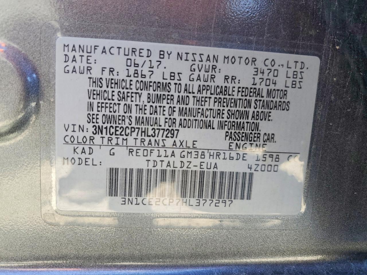 2017 Nissan Versa Note Sv Charcoal vin: 3N1CE2CP7HL377297