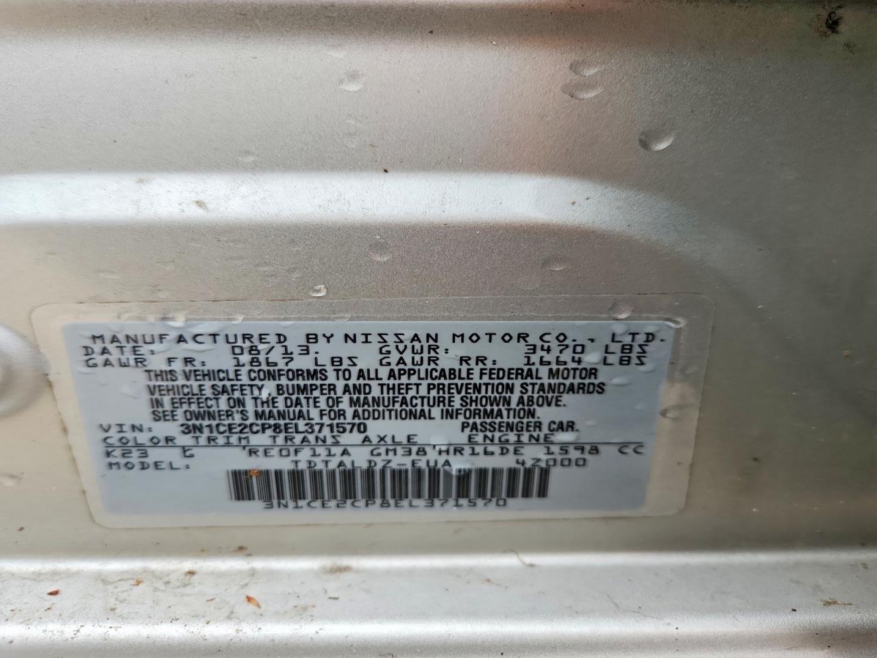 2014 Nissan Versa Note S Gray vin: 3N1CE2CP8EL371570