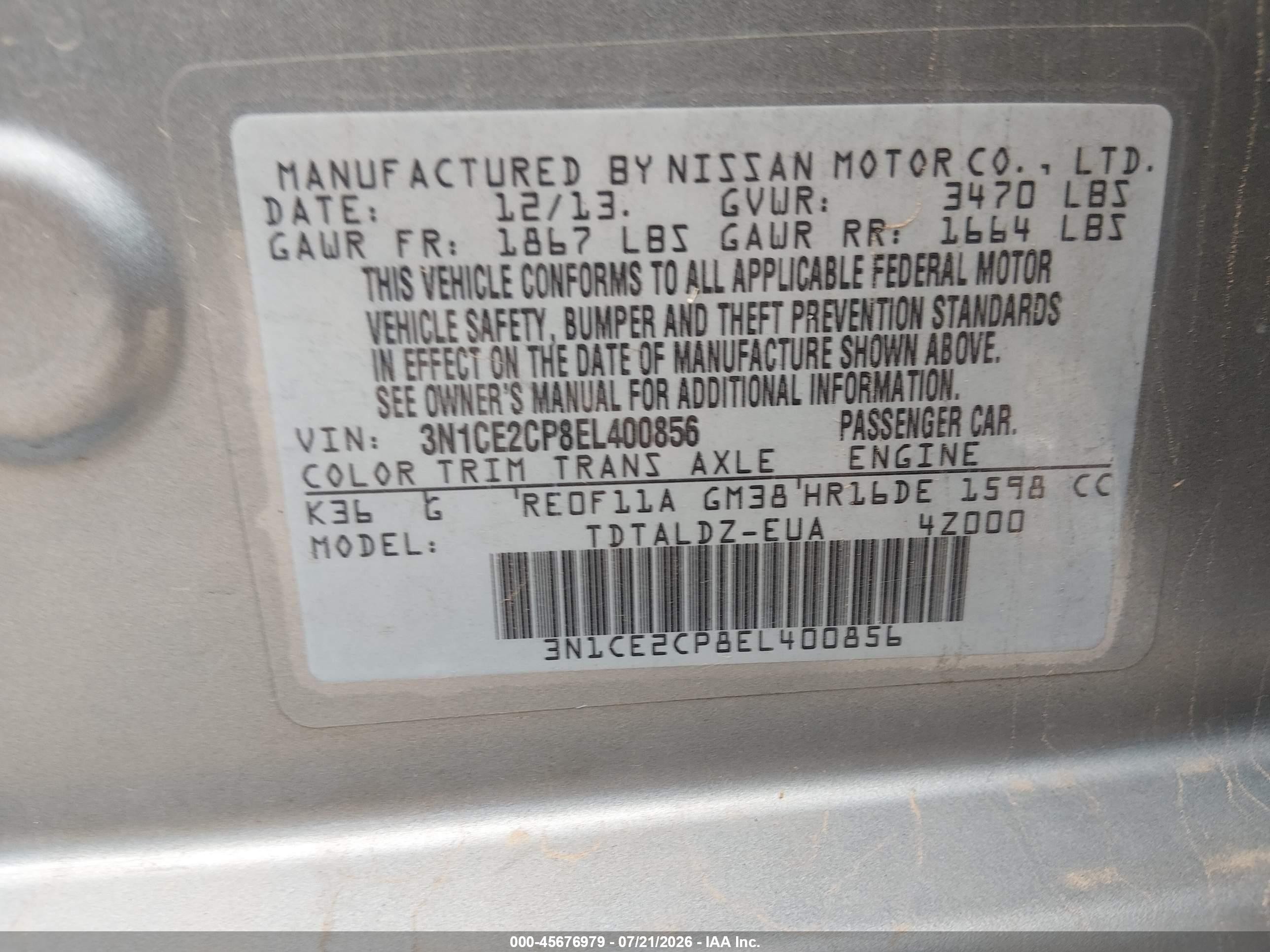 2014 Nissan Versa Note S (sr)/s Plus/sv Gray vin: 3N1CE2CP8EL400856