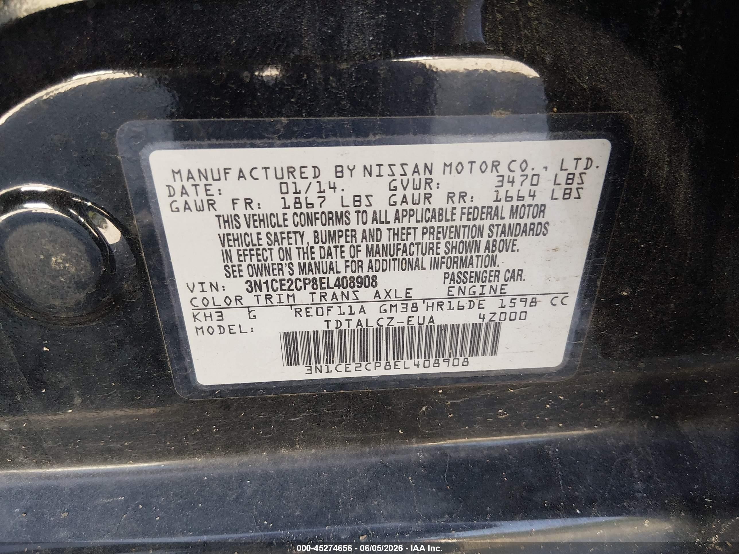 2014 Nissan Versa Note S Plus Черный vin: 3N1CE2CP8EL408908