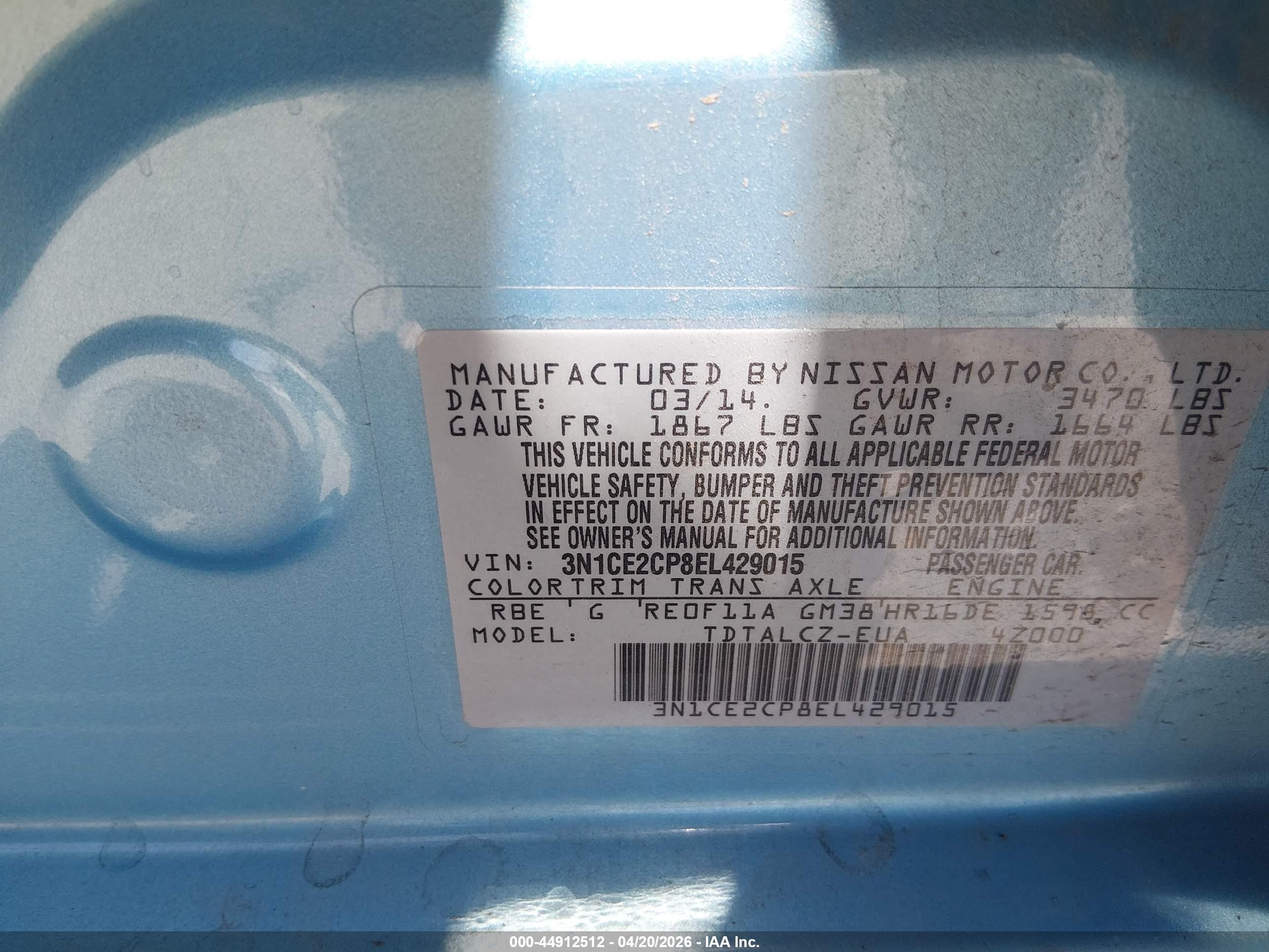 2014 Nissan Versa Note S Plus Light Blue vin: 3N1CE2CP8EL429015