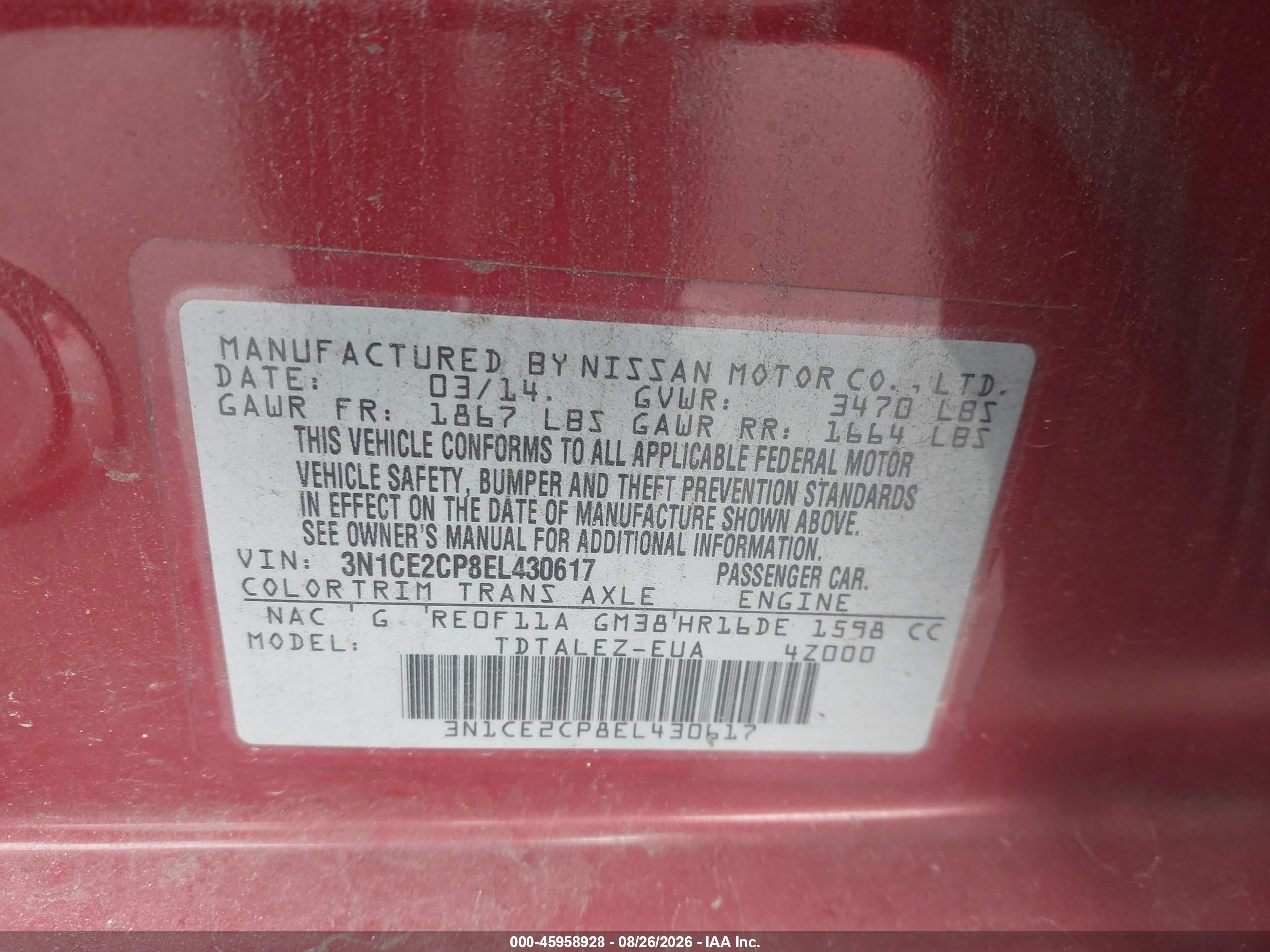 2014 Nissan Versa Note Sv Red vin: 3N1CE2CP8EL430617