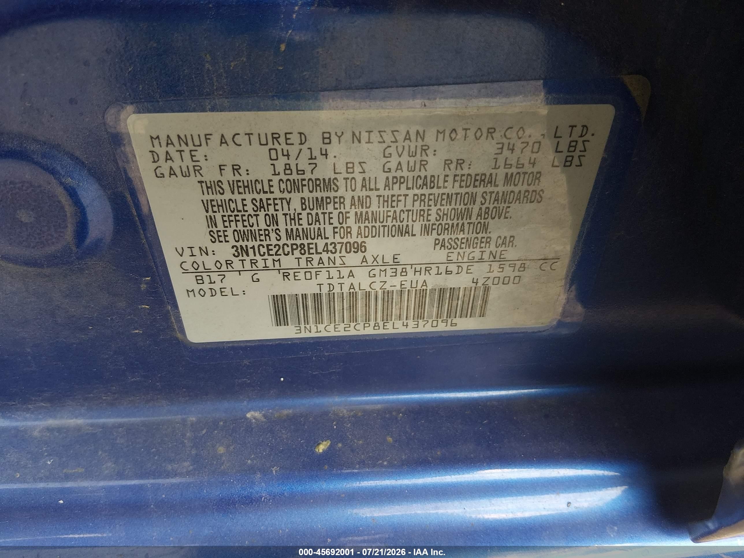 2014 Nissan Versa Note S Plus Синий vin: 3N1CE2CP8EL437096