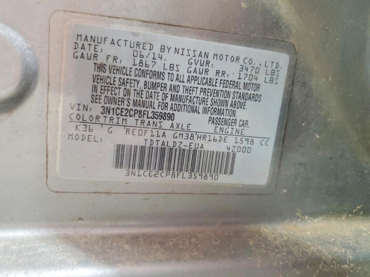 2015 Nissan Versa Note Sv Silver vin: 3N1CE2CP8FL359890