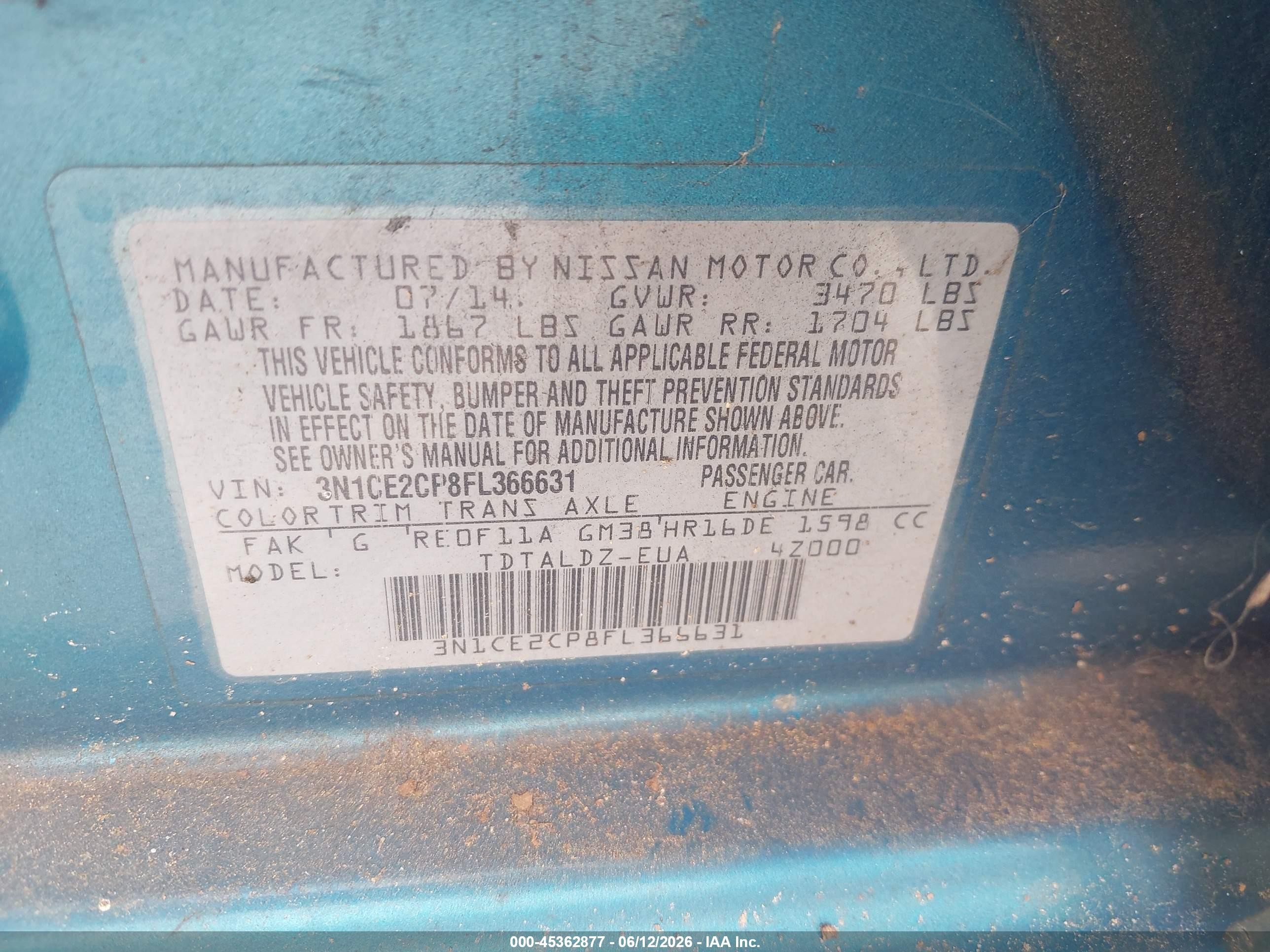 2015 Nissan Versa Note S (sr)/s Plus/sl/sr/sv Blue vin: 3N1CE2CP8FL366631