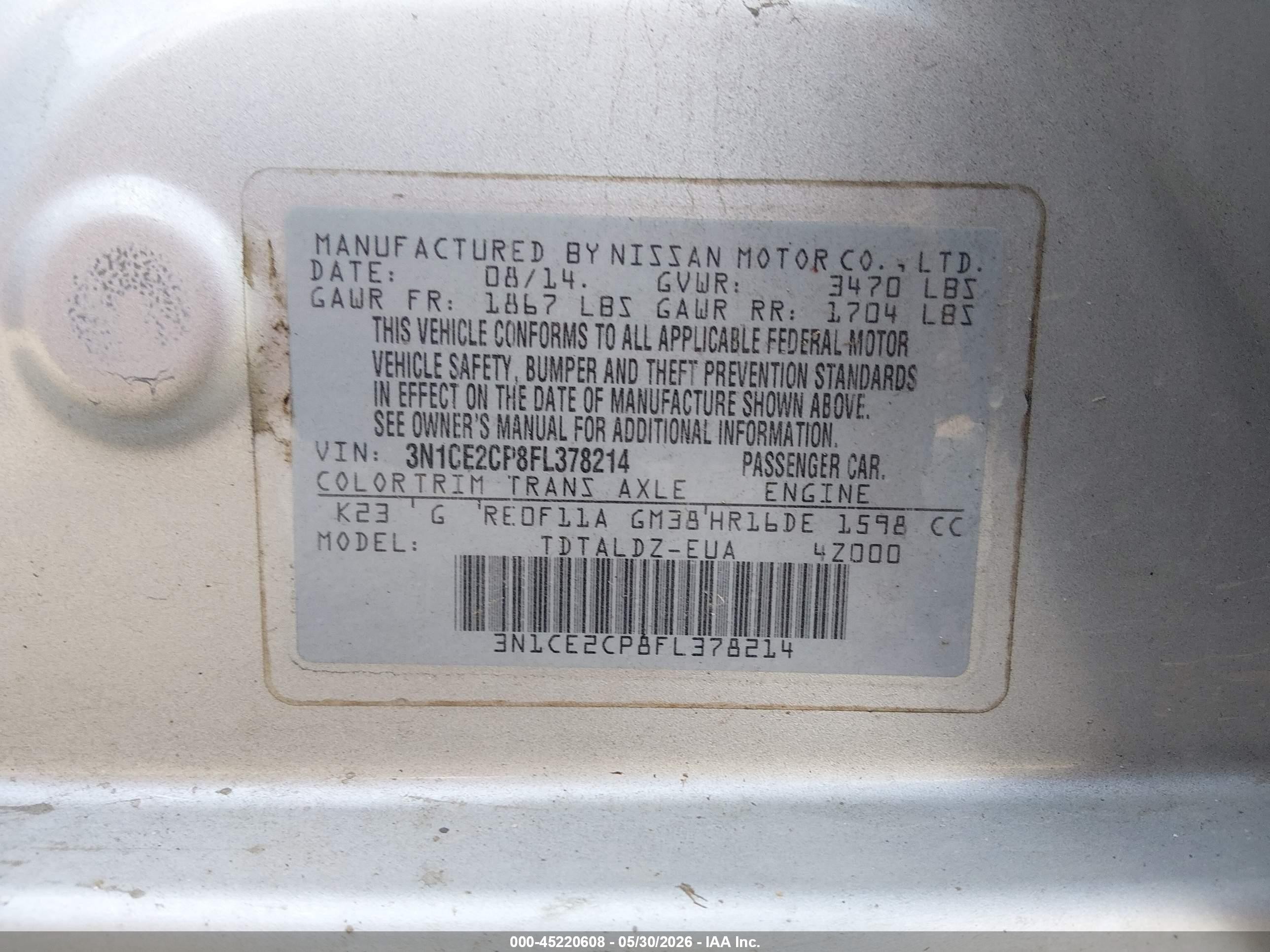 2015 Nissan Versa Note S (sr)/s Plus/sl/sr/sv Silver vin: 3N1CE2CP8FL378214