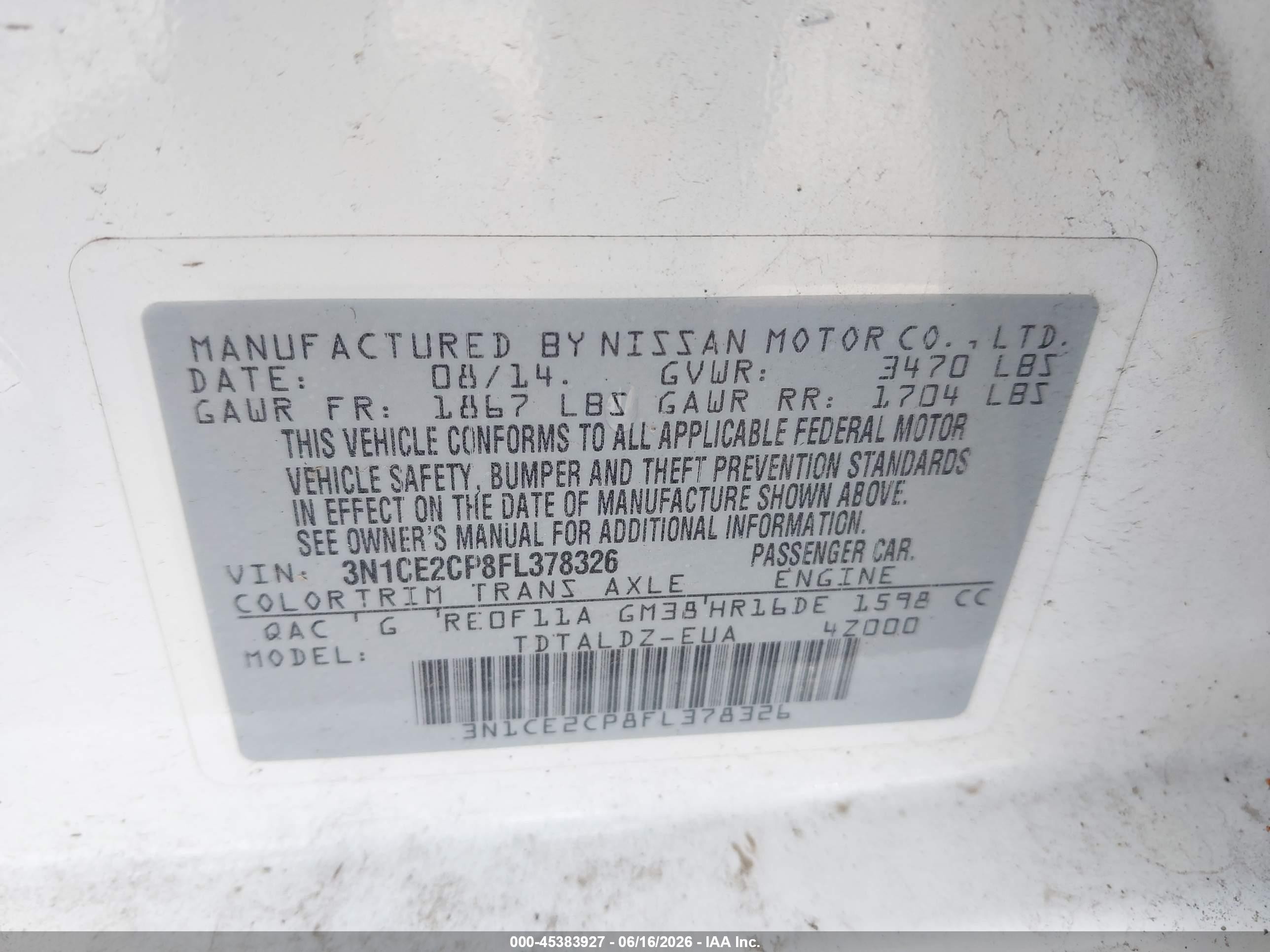 2015 Nissan Versa Note S (sr)/s Plus/sl/sr/sv White vin: 3N1CE2CP8FL378326