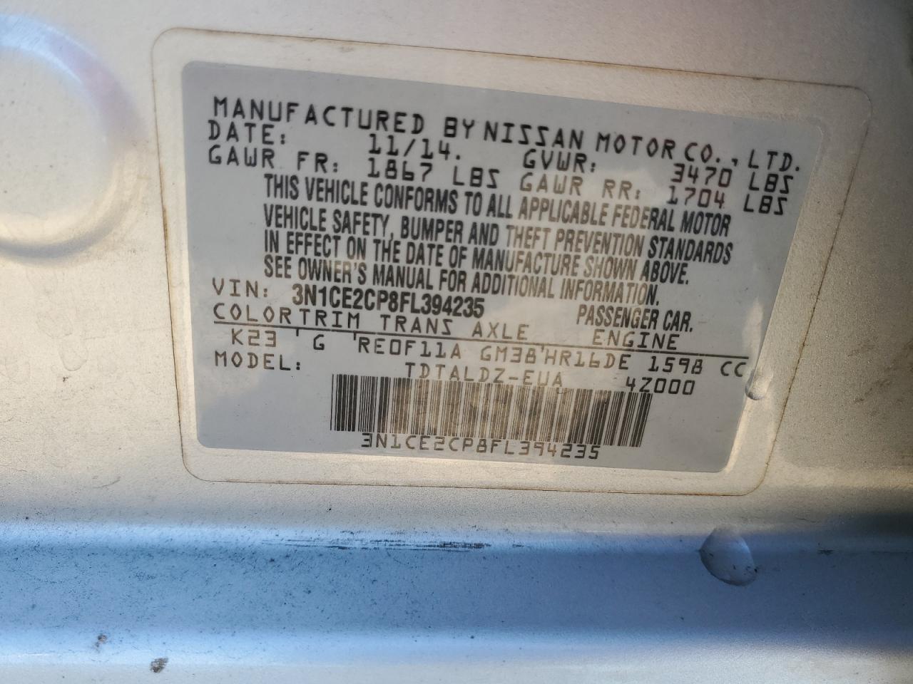 2015 Nissan Versa Note Silver vin: 3N1CE2CP8FL394235