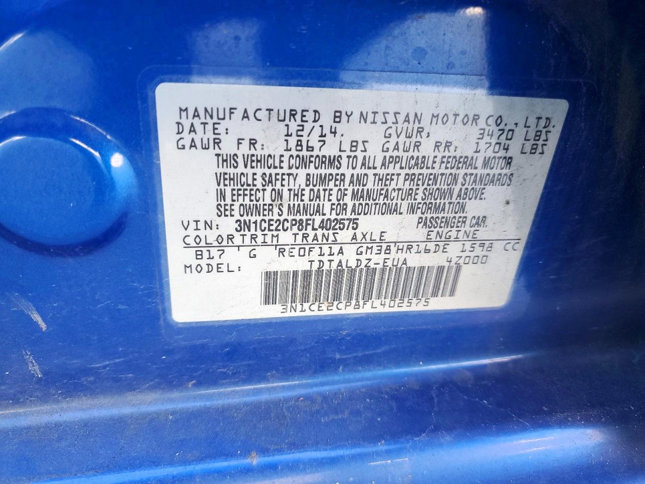 2015 Nissan Versa Note Sv Blue vin: 3N1CE2CP8FL402575