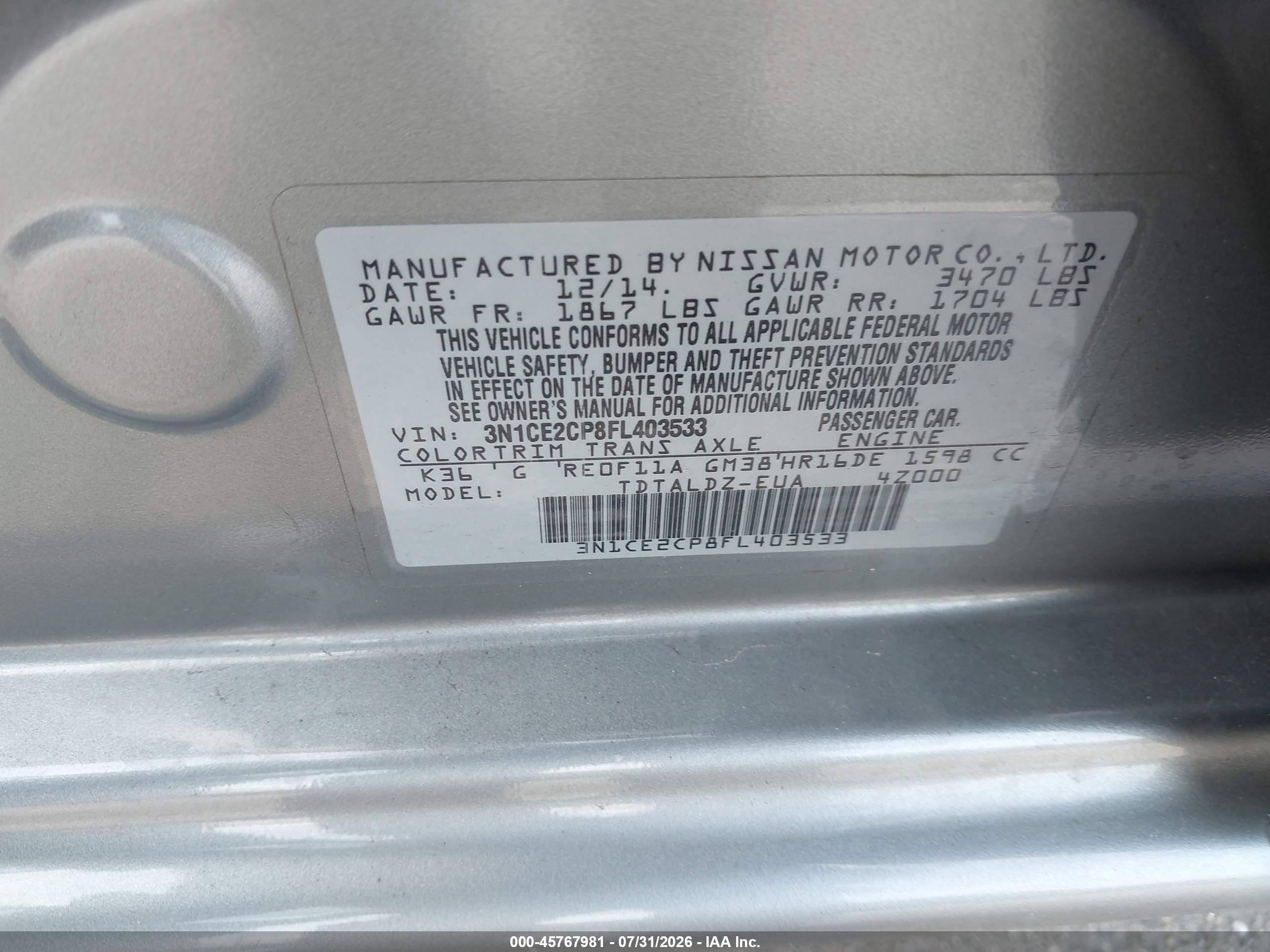 2015 Nissan Versa Note S (sr)/s Plus/sl/sr/sv Gray vin: 3N1CE2CP8FL403533