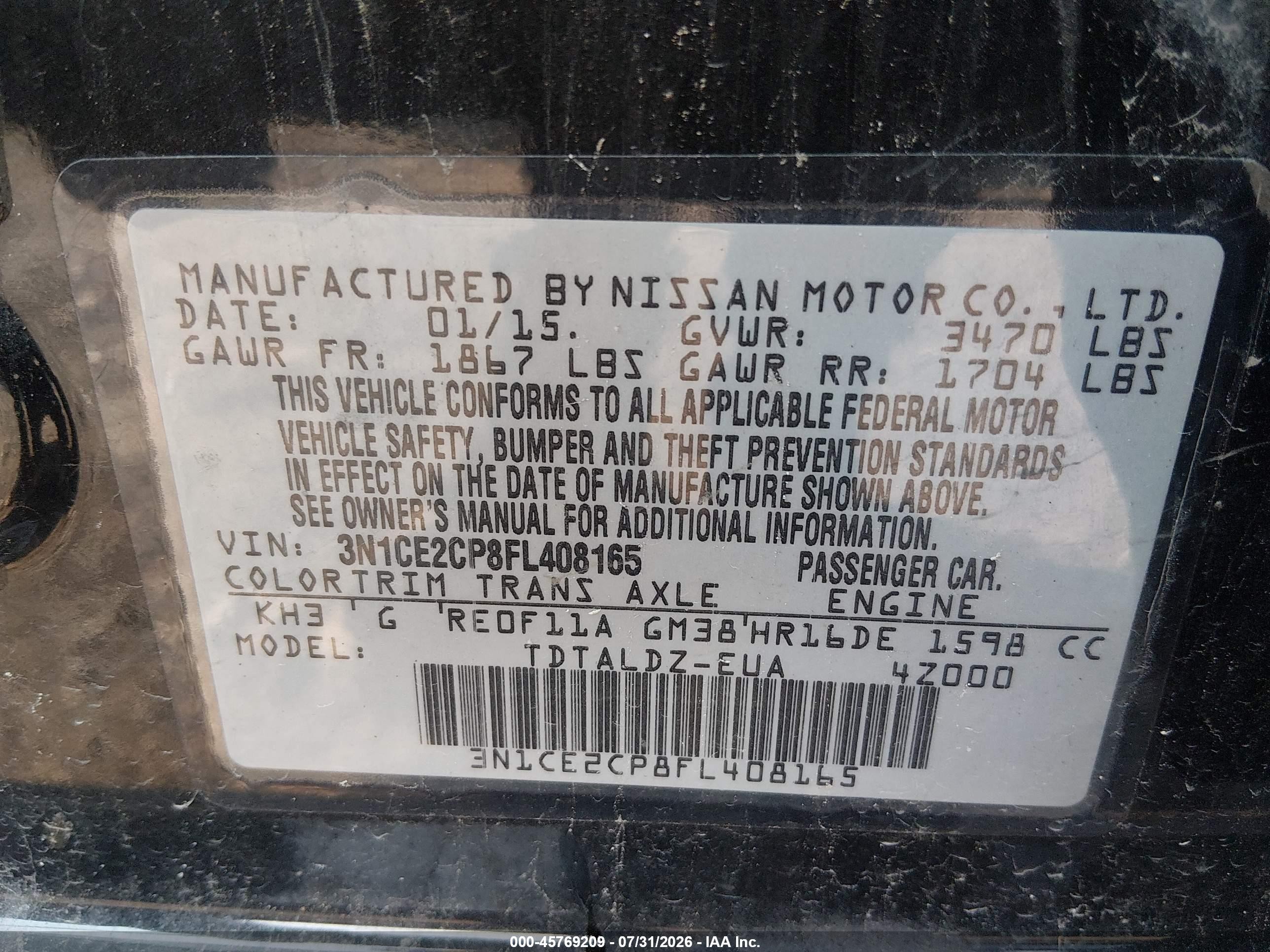 2015 Nissan Versa Note S (sr)/s Plus/sl/sr/sv Black vin: 3N1CE2CP8FL408165