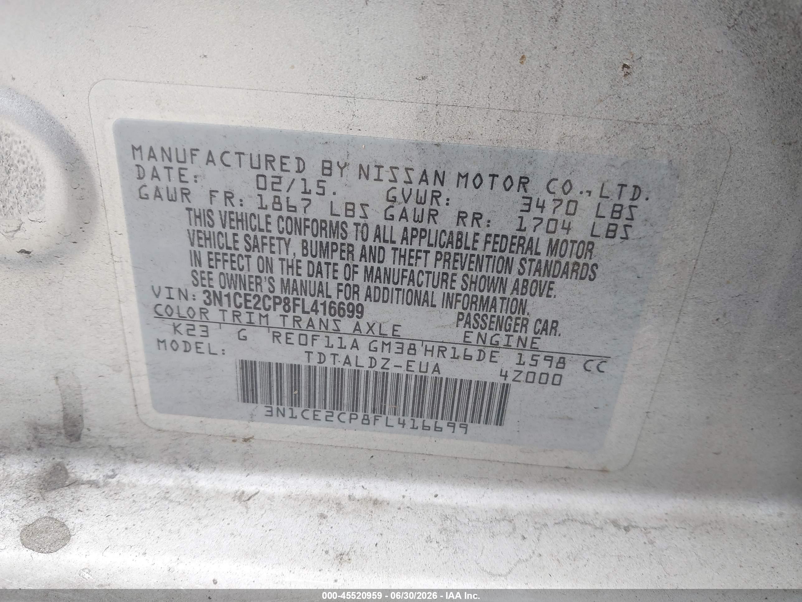 2015 Nissan Versa Note S (sr)/s Plus/sl/sr/sv Серебряный vin: 3N1CE2CP8FL416699