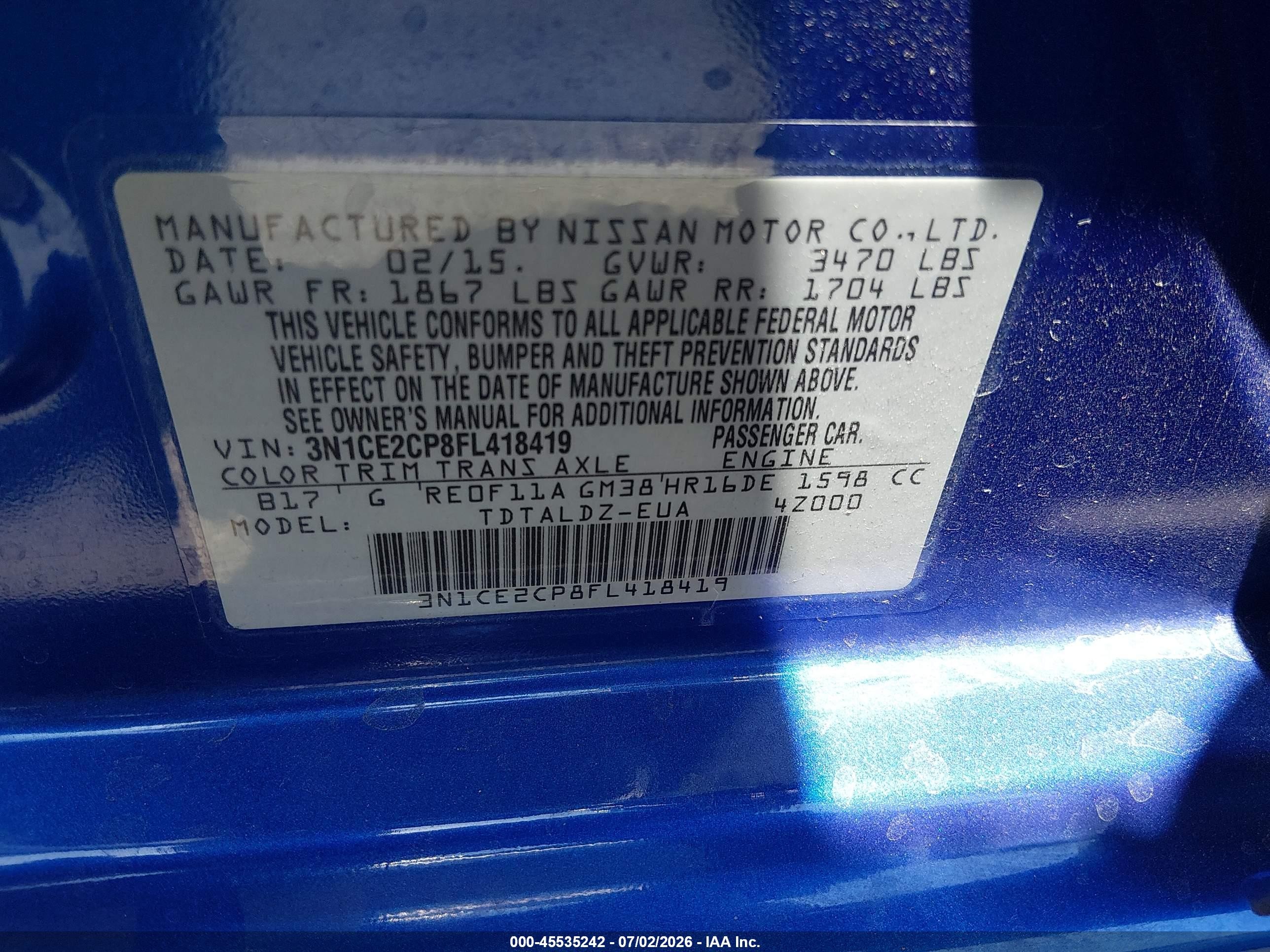 2015 Nissan Versa Note S (sr)/s Plus/sl/sr/sv Синий vin: 3N1CE2CP8FL418419