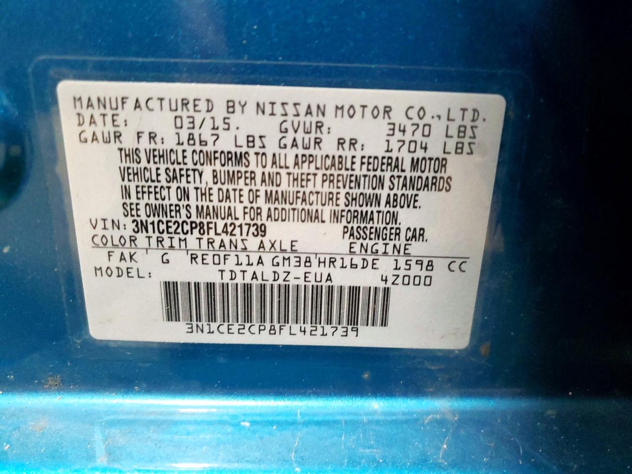 2015 Nissan Versa Note Sv Turquoise vin: 3N1CE2CP8FL421739