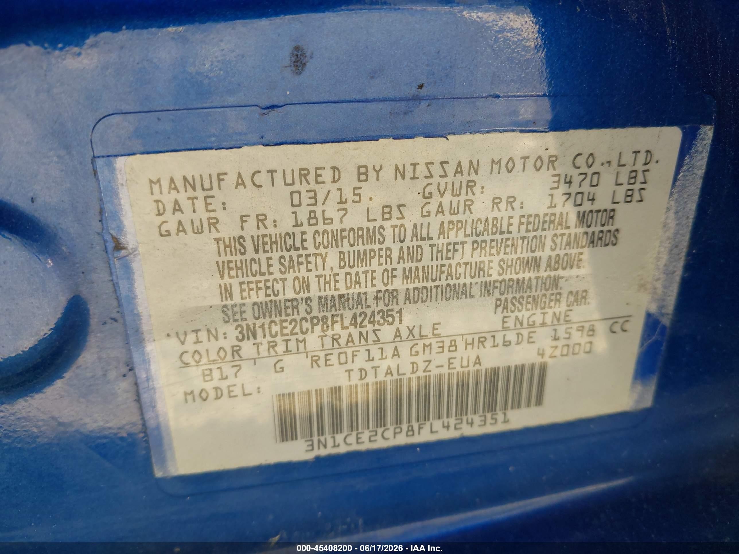 2015 Nissan Versa Note S (sr)/s Plus/sl/sr/sv Blue vin: 3N1CE2CP8FL424351