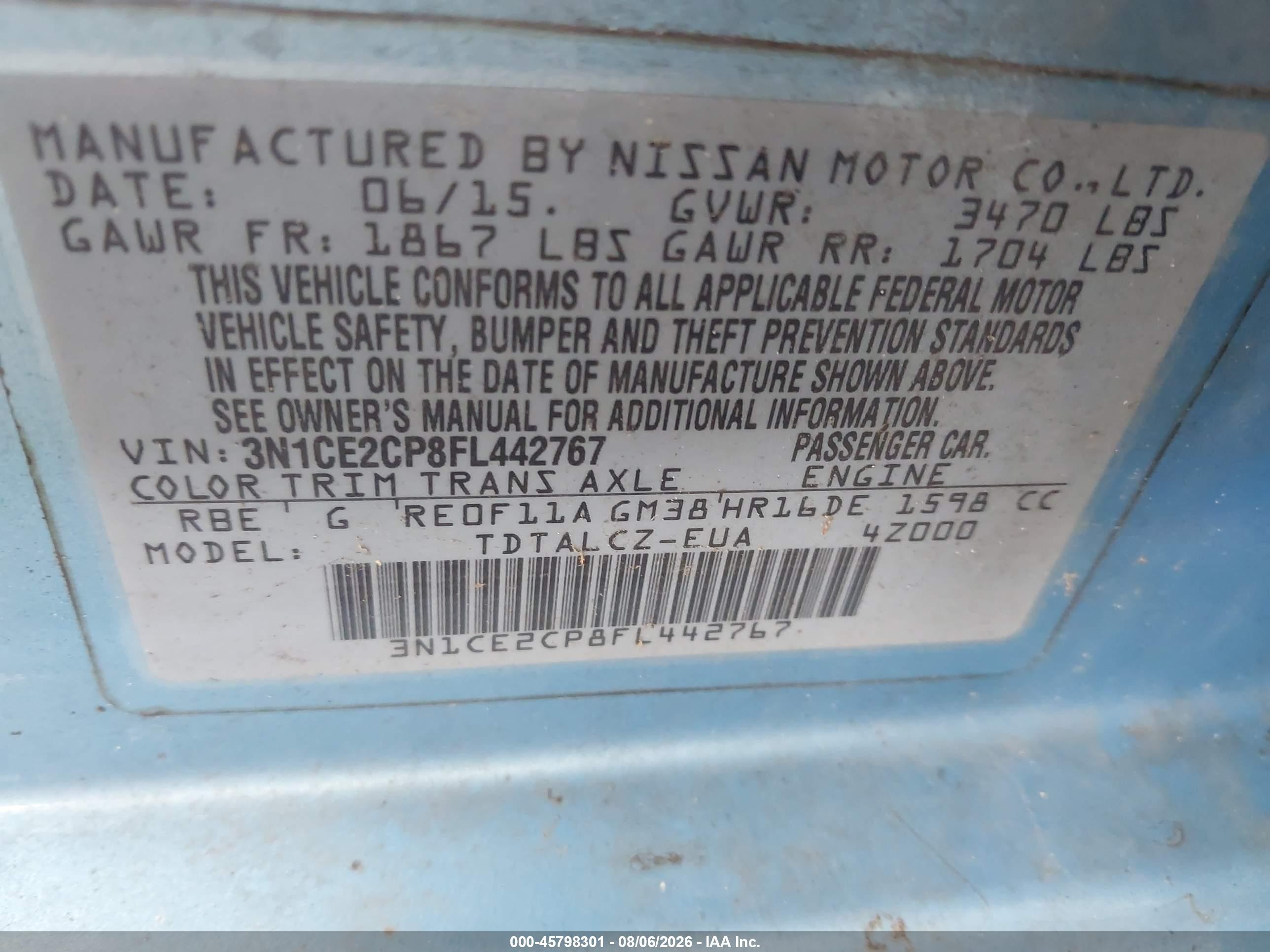 2015 Nissan Versa Note S Plus Light Blue vin: 3N1CE2CP8FL442767