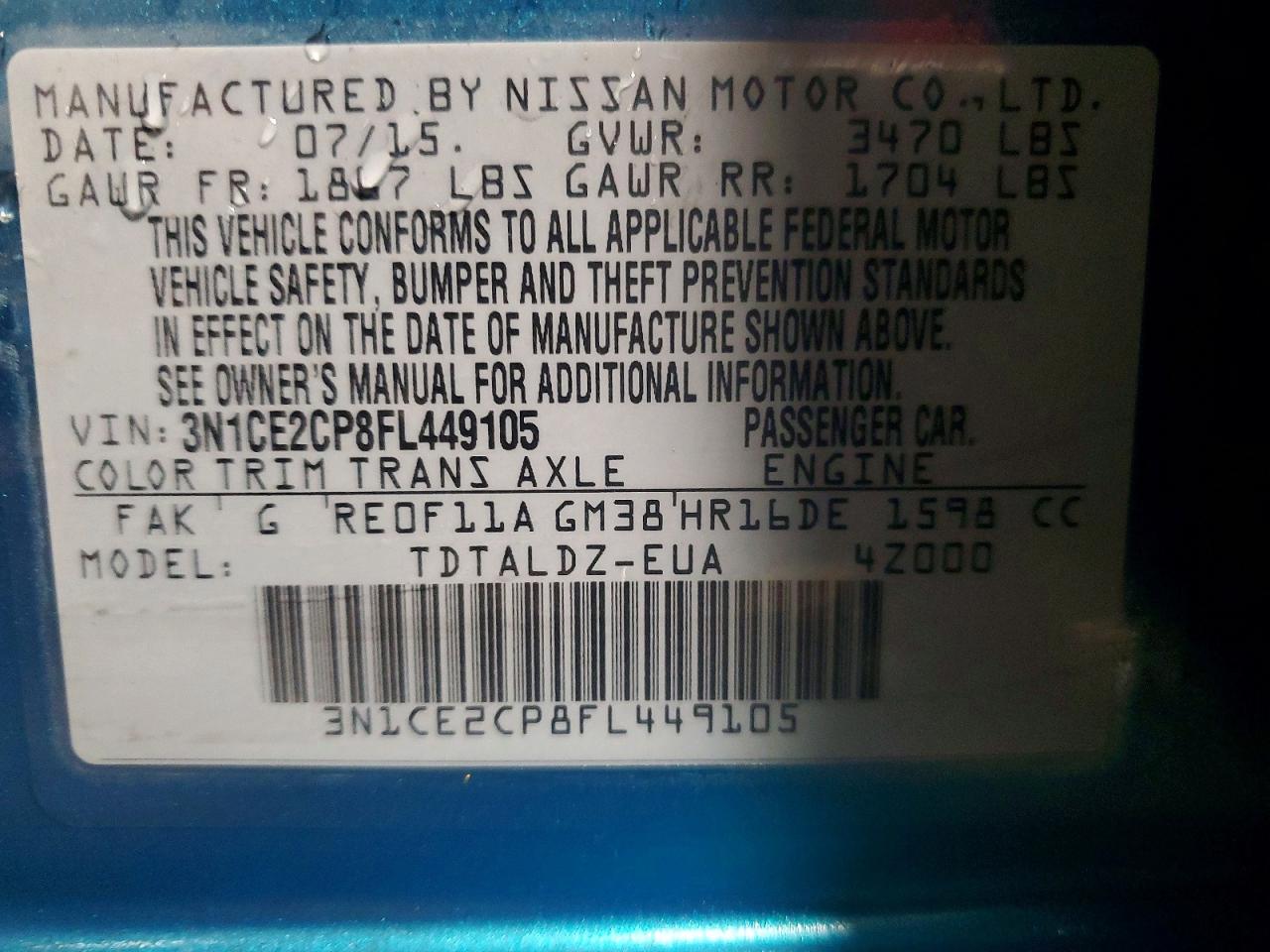 2015 Nissan Versa Note Sv Blue vin: 3N1CE2CP8FL449105