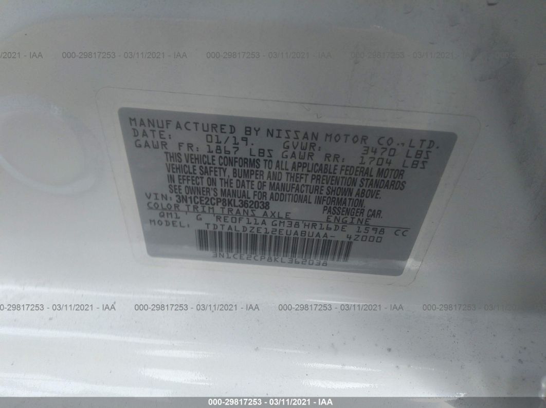 2019 Nissan Versa Note Sv White vin: 3N1CE2CP8KL362038