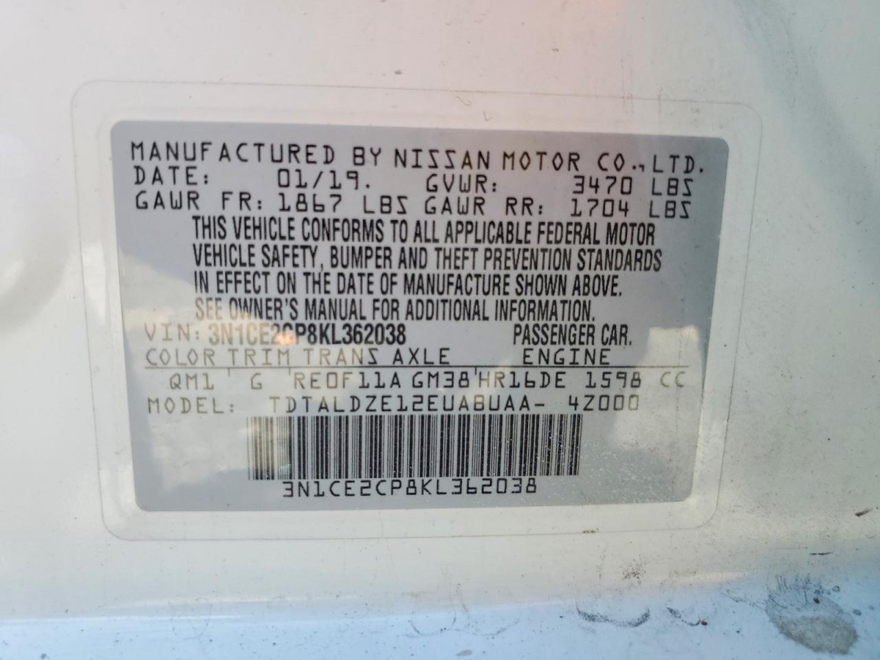 2019 Nissan Versa Note Sv White vin: 3N1CE2CP8KL362038