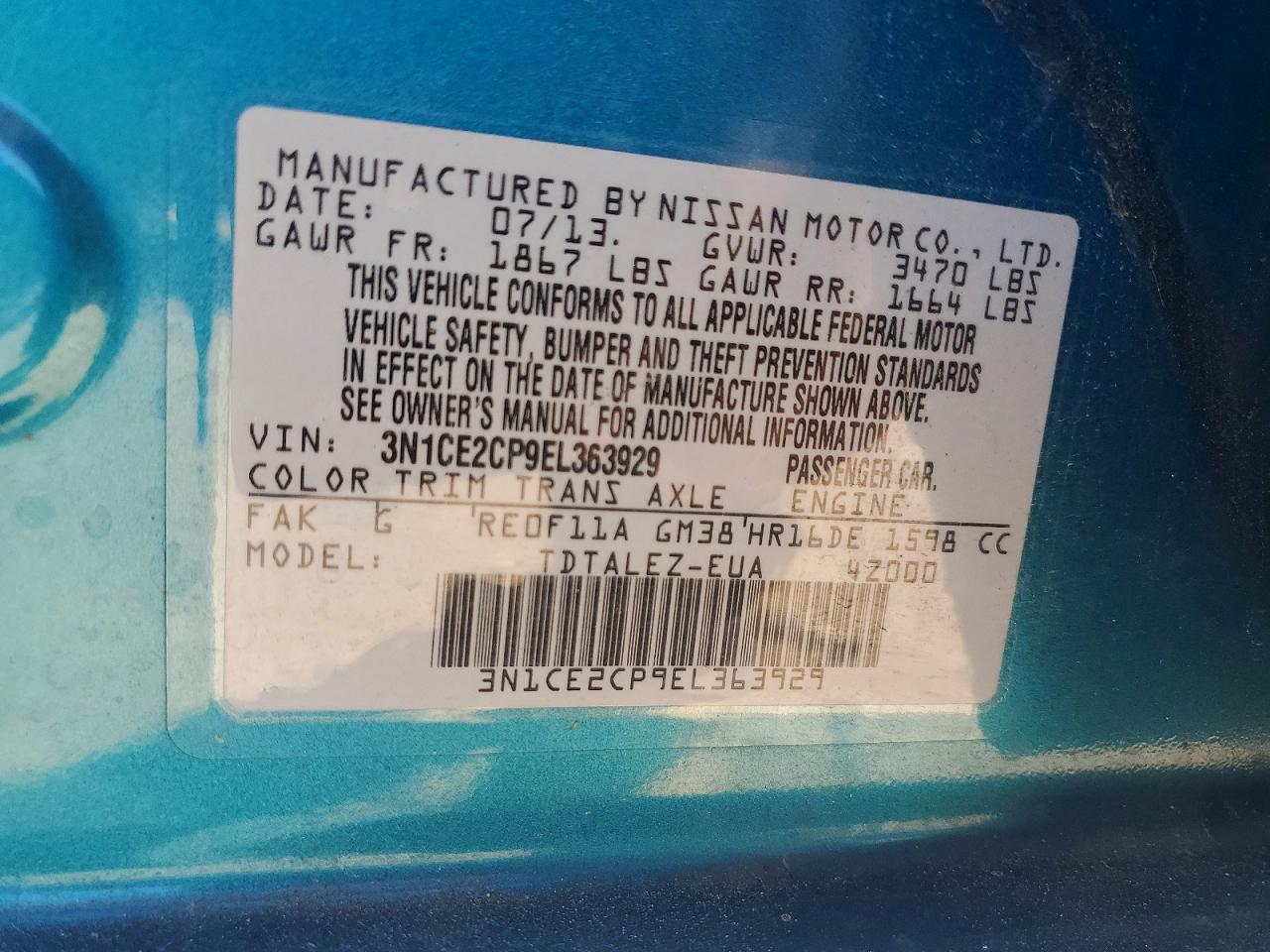 2014 Nissan Versa Note Sv Teal vin: 3N1CE2CP9EL363929