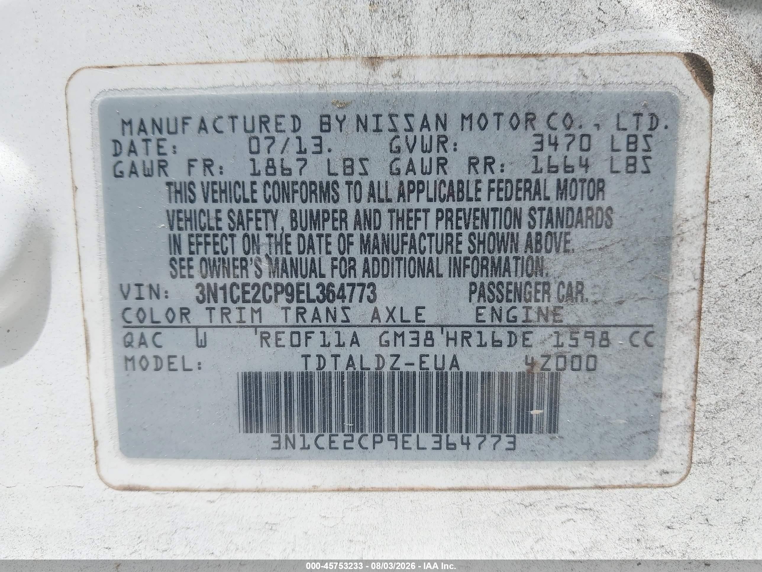 2014 Nissan Versa Note S/s Plus/sv/sl White vin: 3N1CE2CP9EL364773