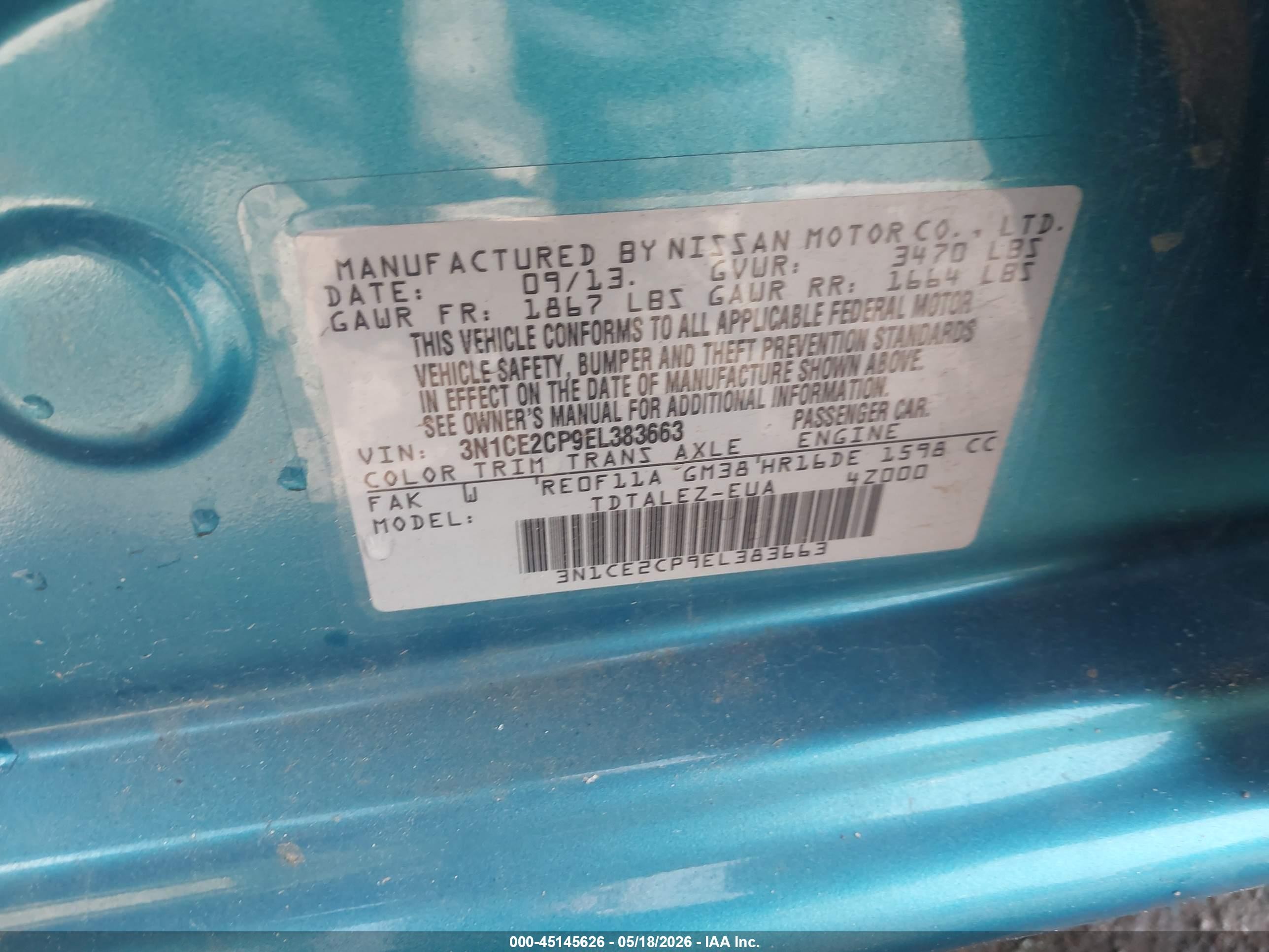 2014 Nissan Versa Note Sv Blue vin: 3N1CE2CP9EL383663