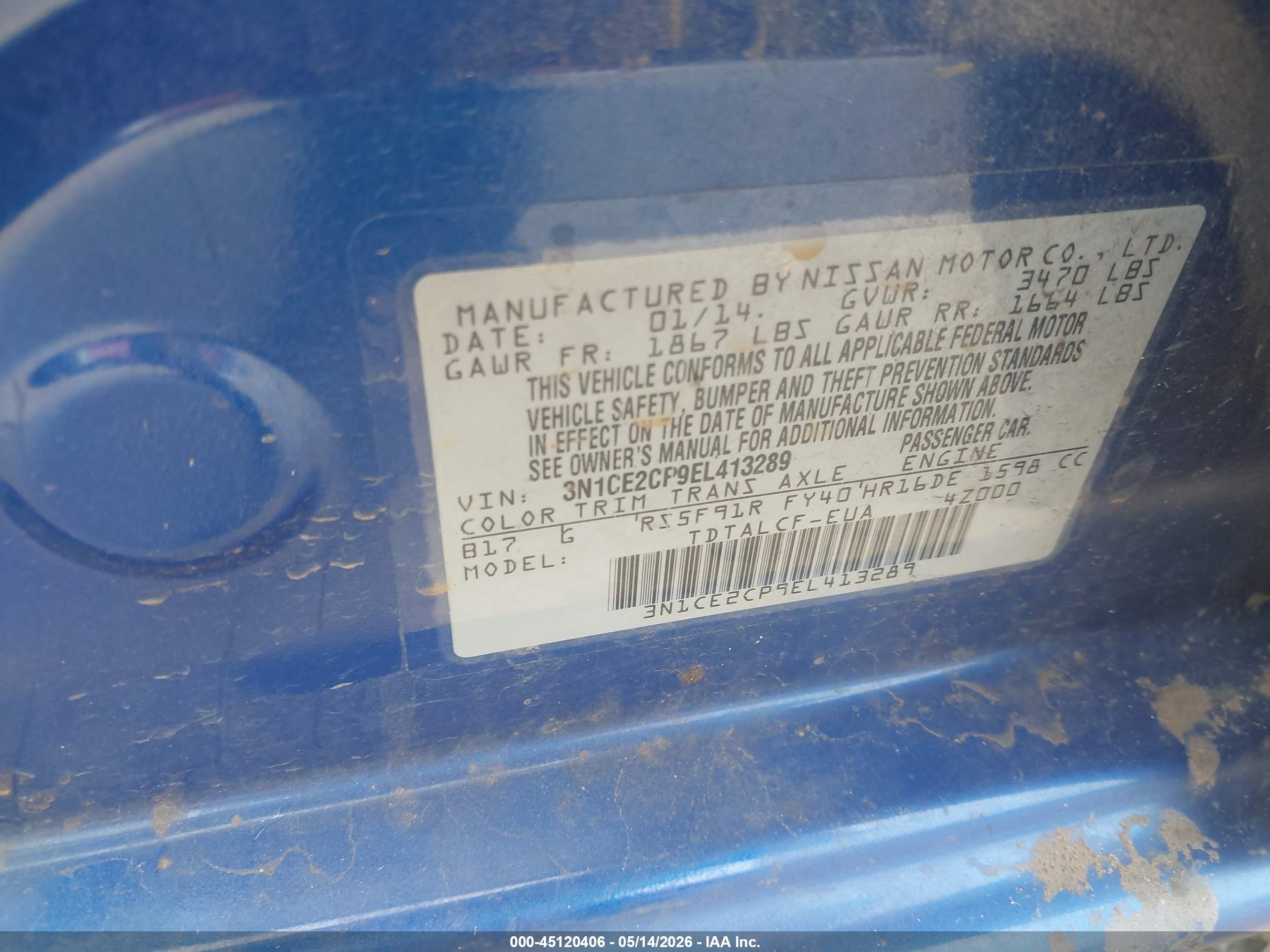 2014 Nissan Versa Note S (sr) Синий vin: 3N1CE2CP9EL413289
