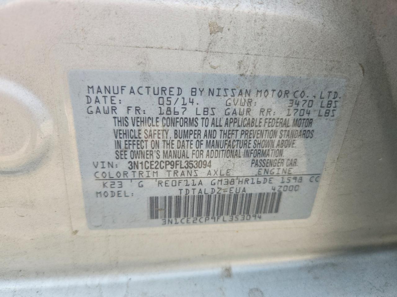 2015 Nissan Versa Note Sv Silver vin: 3N1CE2CP9FL353094