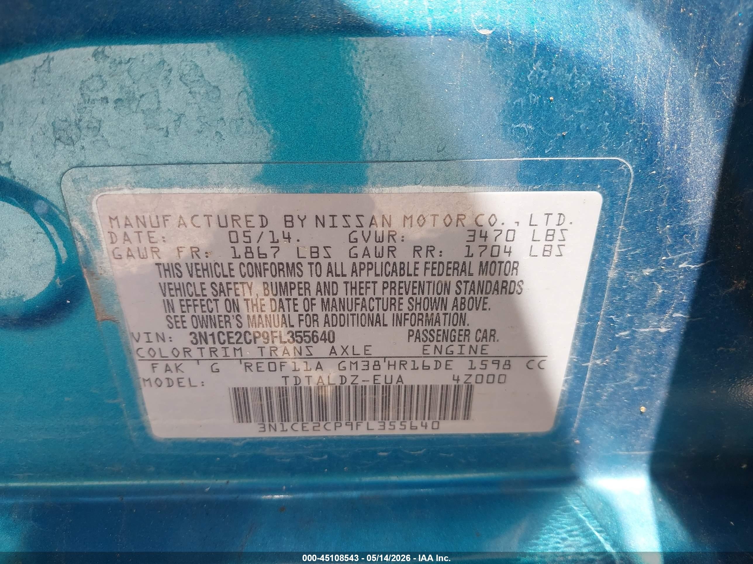 2015 Nissan Versa Note S (sr)/s Plus/sl/sr/sv Blue vin: 3N1CE2CP9FL355640