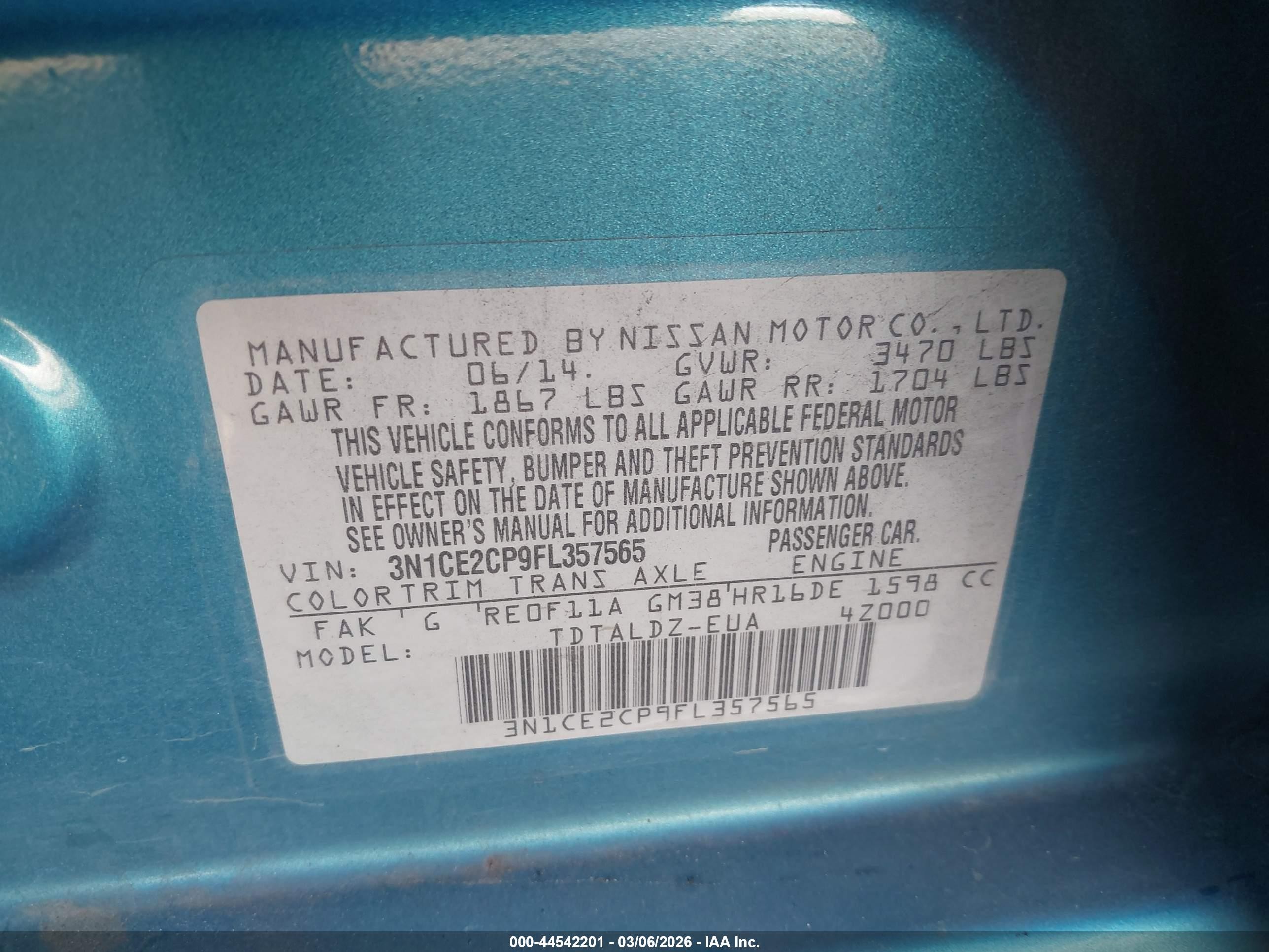 2015 Nissan Versa Note Sv Бирюзовый vin: 3N1CE2CP9FL357565
