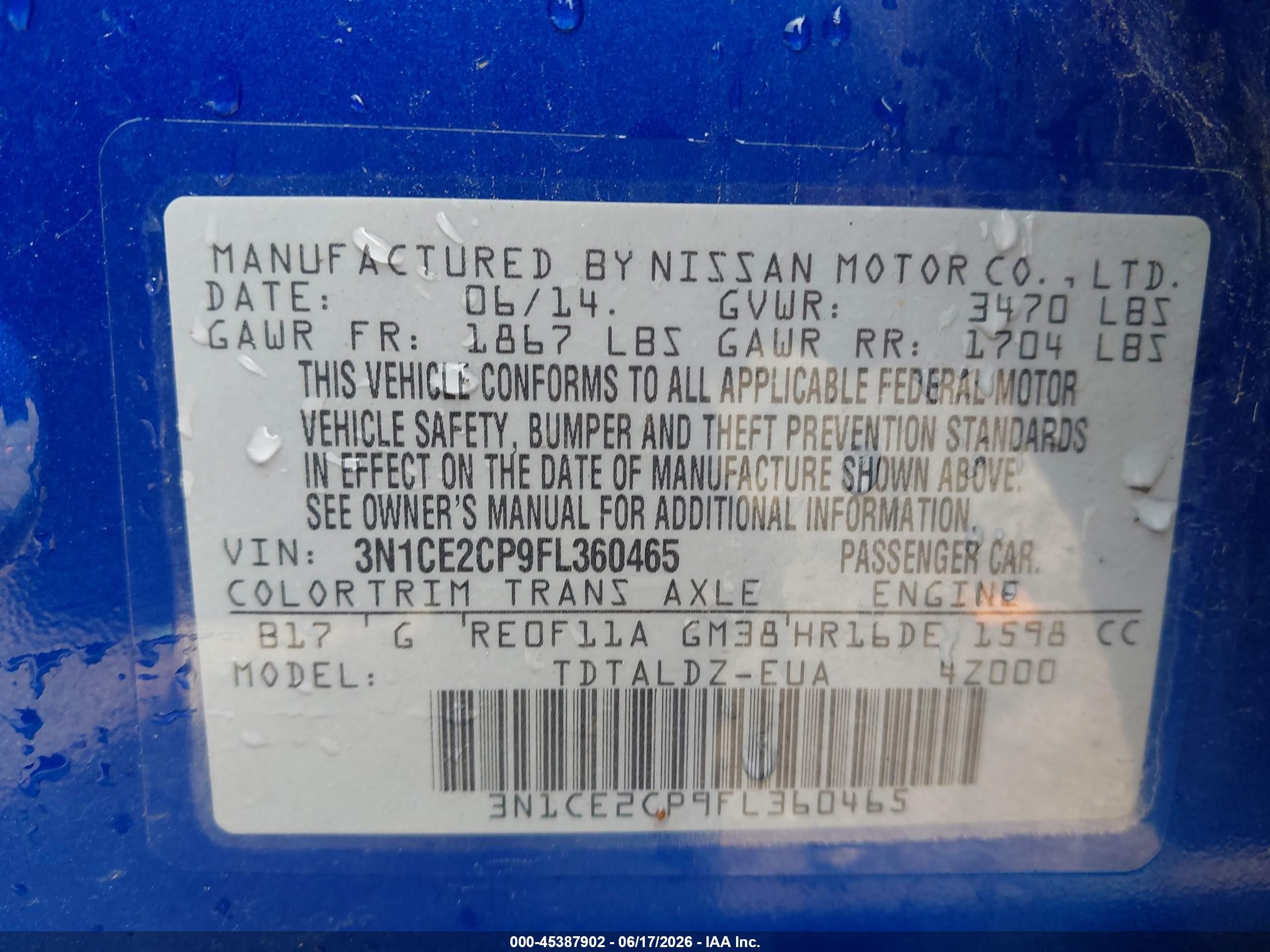 2015 Nissan Versa Note S (sr)/s Plus/sl/sr/sv Blue vin: 3N1CE2CP9FL360465