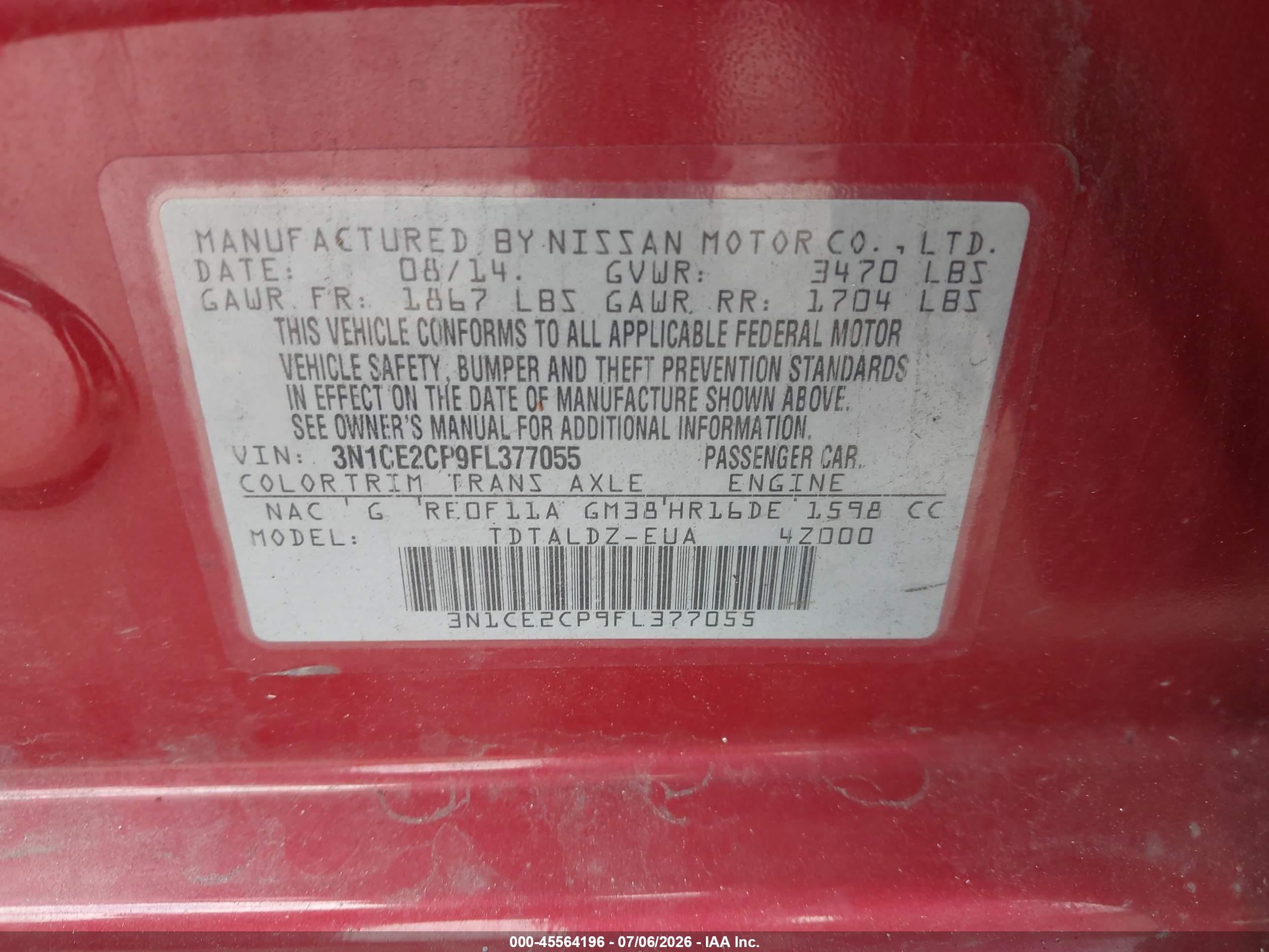 2015 Nissan Versa Note S (sr)/s Plus/sl/sr/sv Красный vin: 3N1CE2CP9FL377055