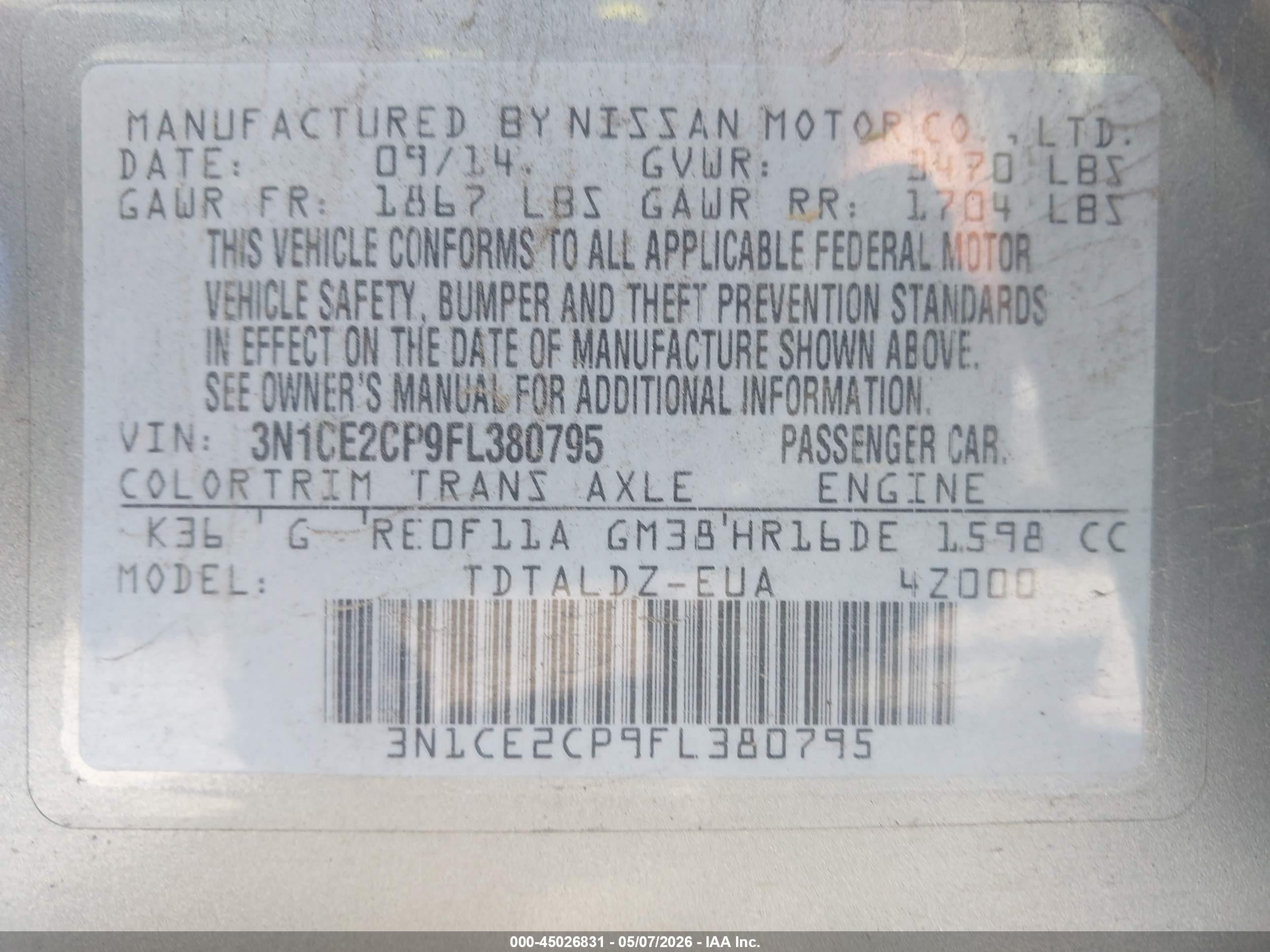2015 Nissan Versa Note S (sr)/s Plus/sl/sr/sv Gray vin: 3N1CE2CP9FL380795