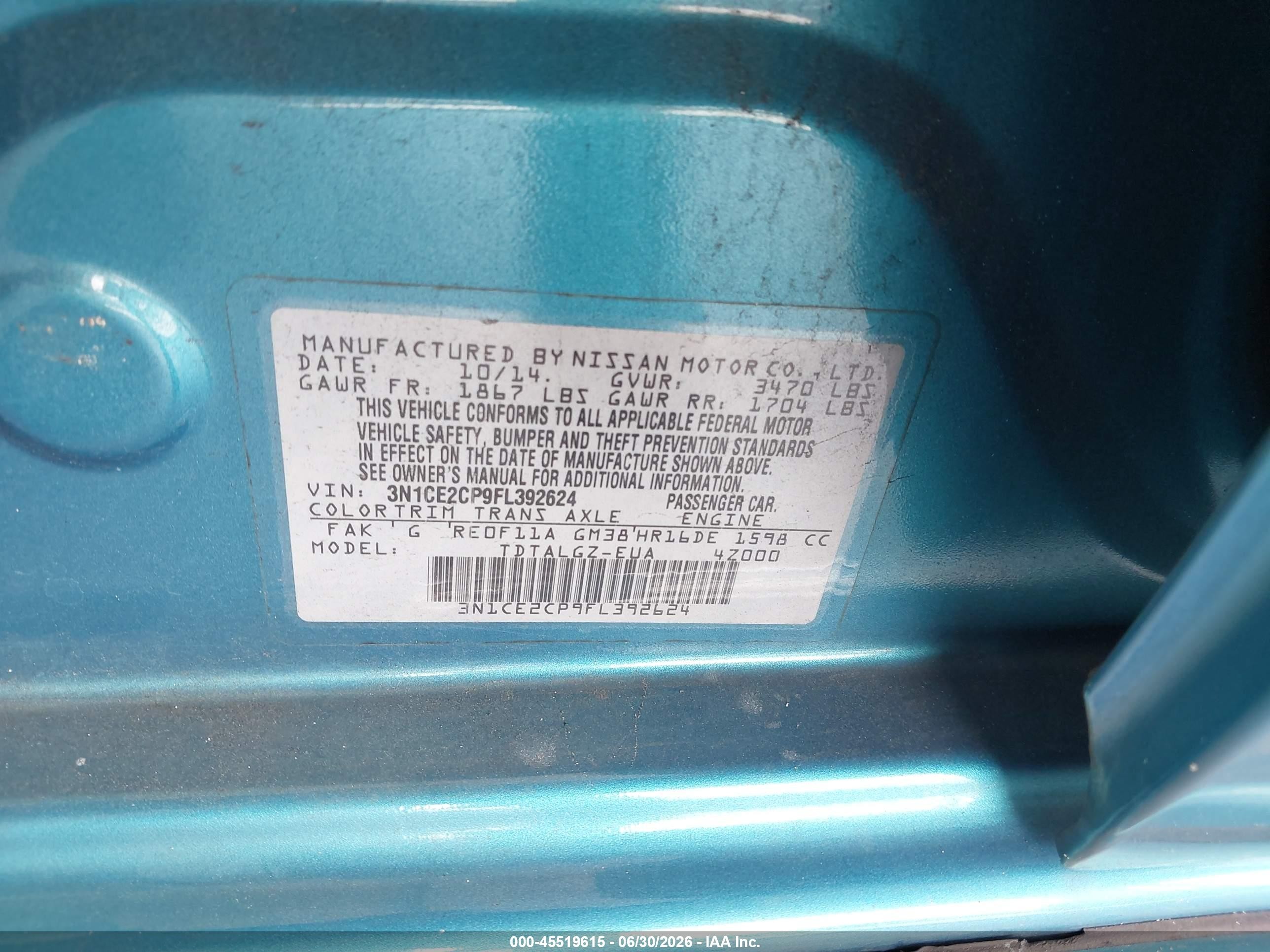 2015 Nissan Versa Note Sr Blue vin: 3N1CE2CP9FL392624