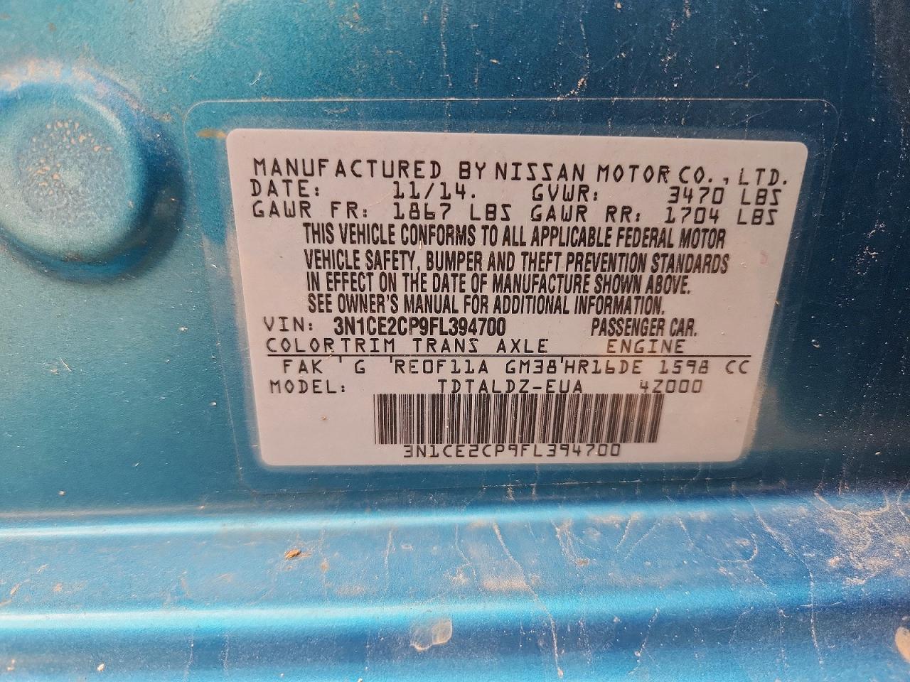 2015 Nissan Versa Note Sv Teal vin: 3N1CE2CP9FL394700